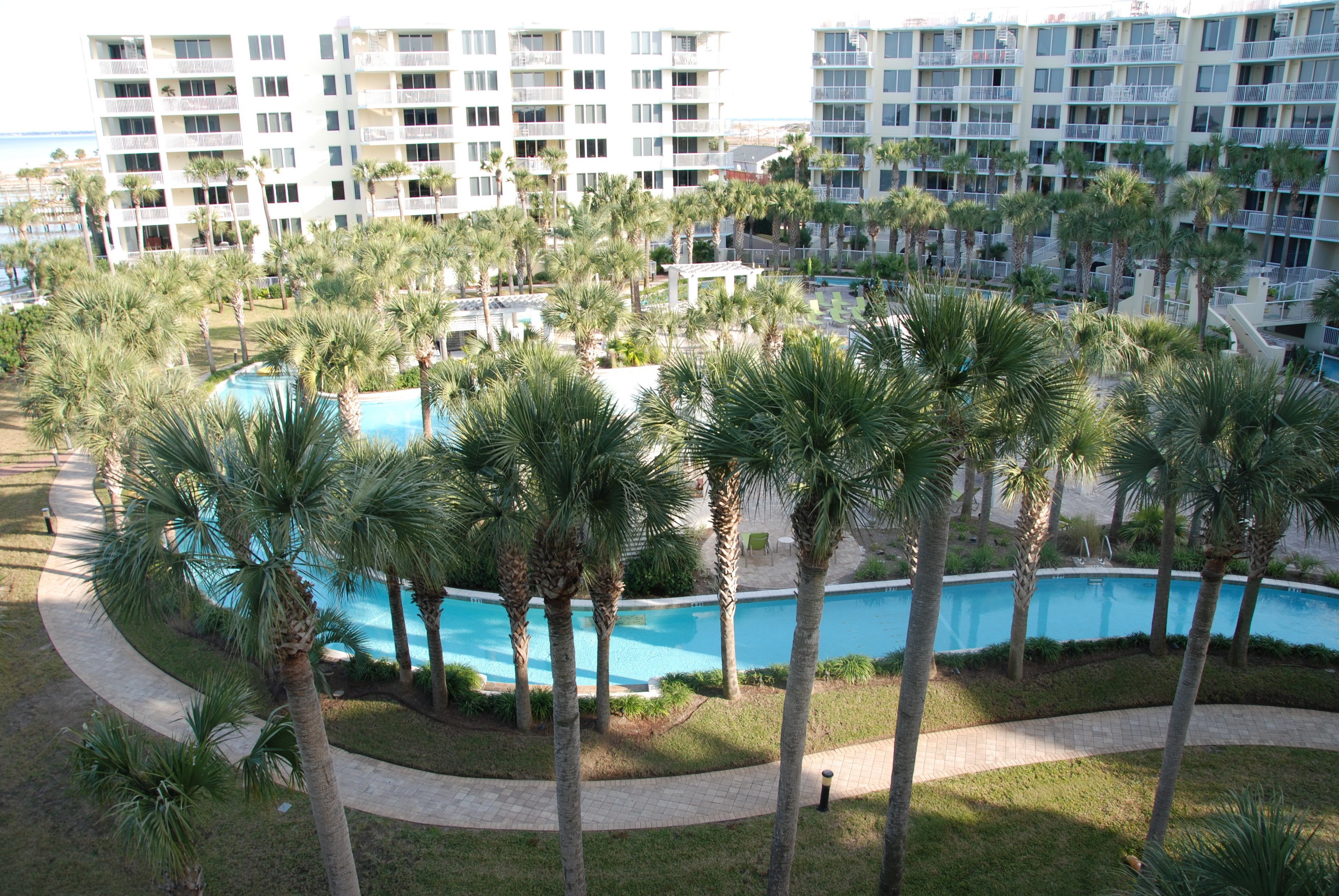 A resort with a pool surrounded by palm trees, a pathway, and a view of a high-rise building in the background.
