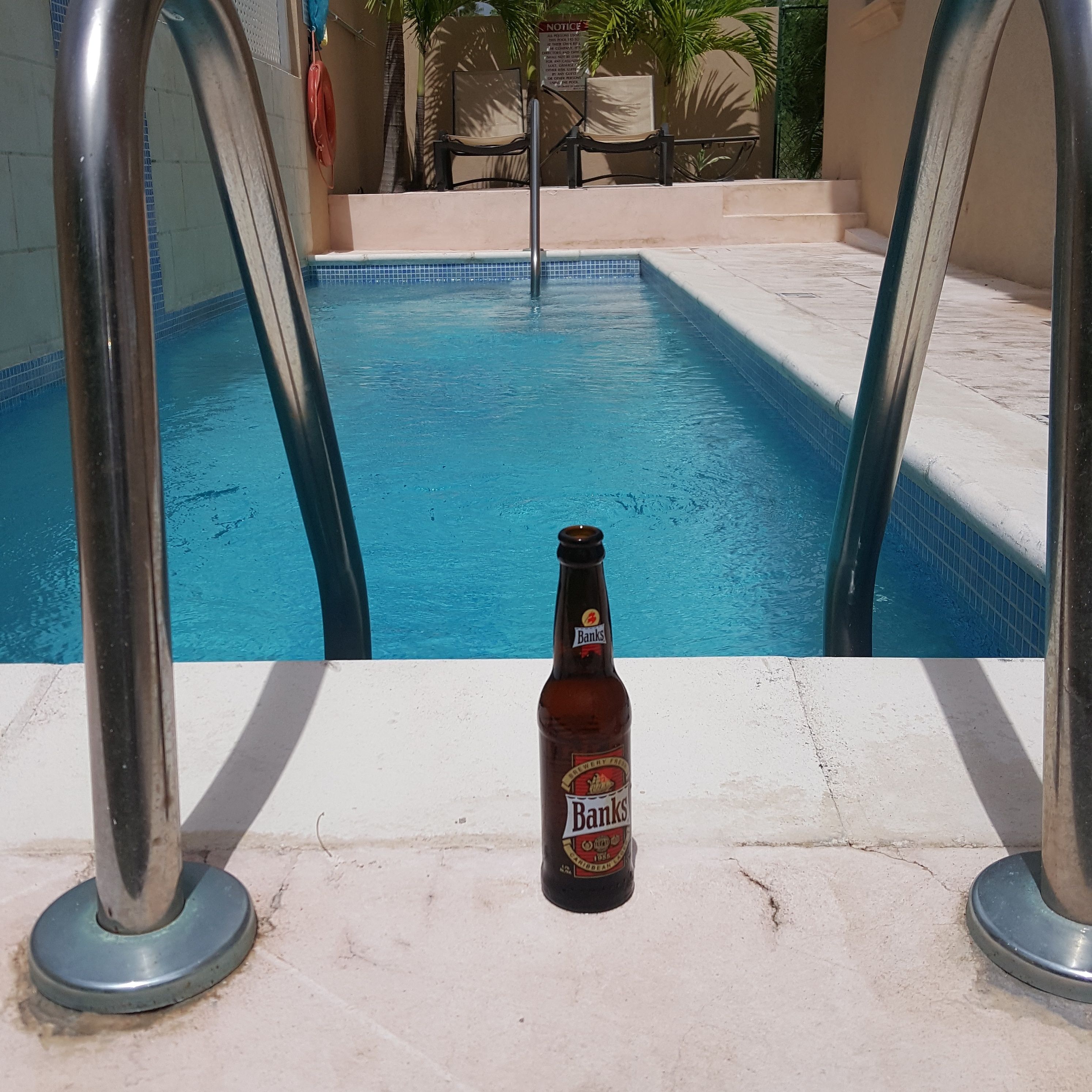Una botella de cerveza Banks sobre una superficie de baldosas cerca de una piscina.