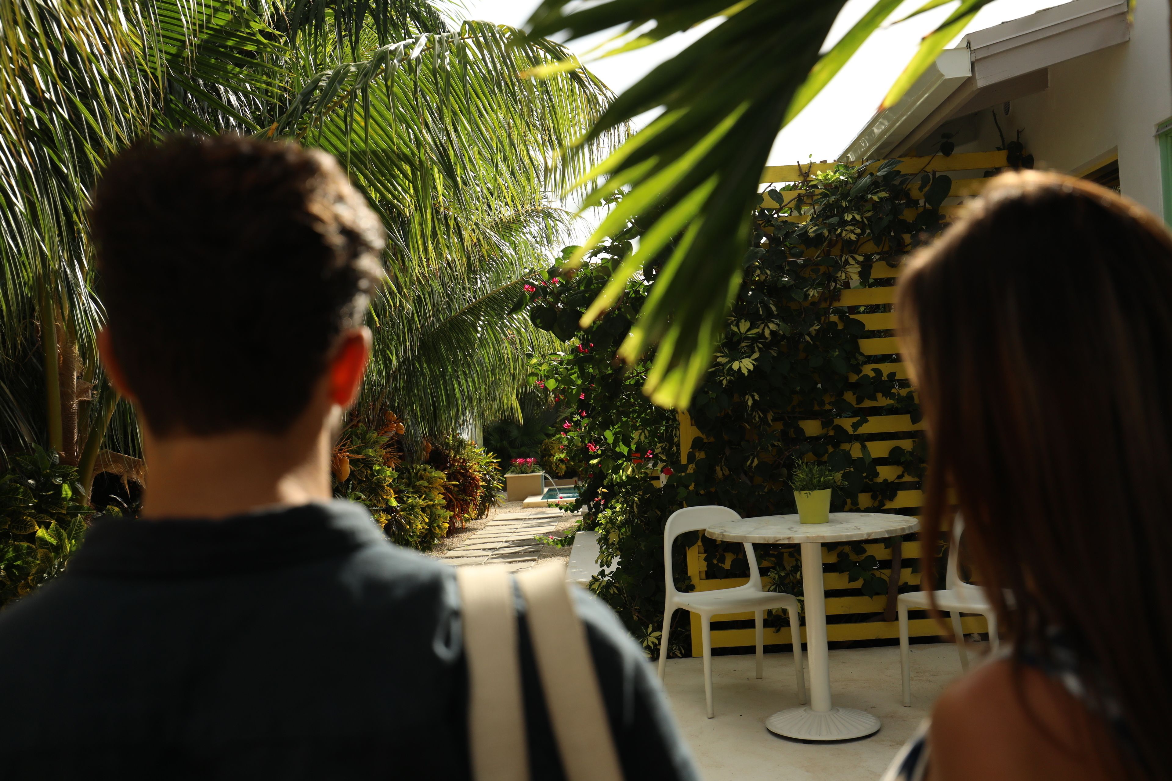 A pathway lined with lush greenery and a white table with chairs, leading to a building with yellow and black striped walls.