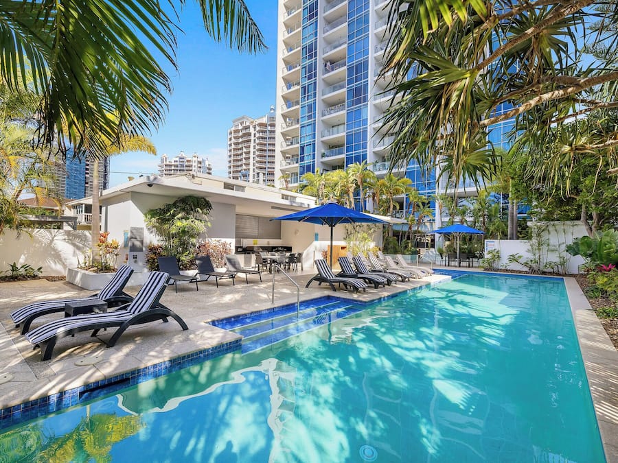 Outdoor pool, a heated pool, sun loungers