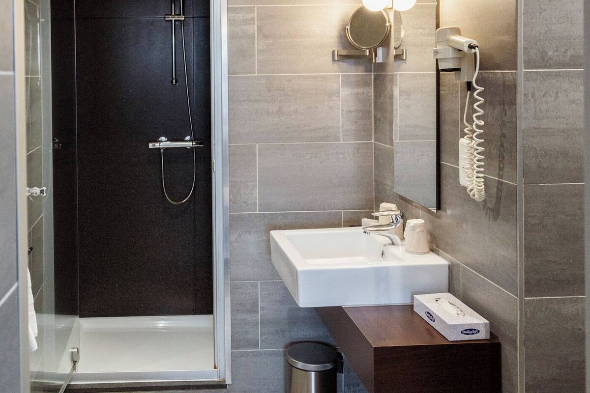 standard twin room | bathroom | shower, free toiletries, hair dryer, towels