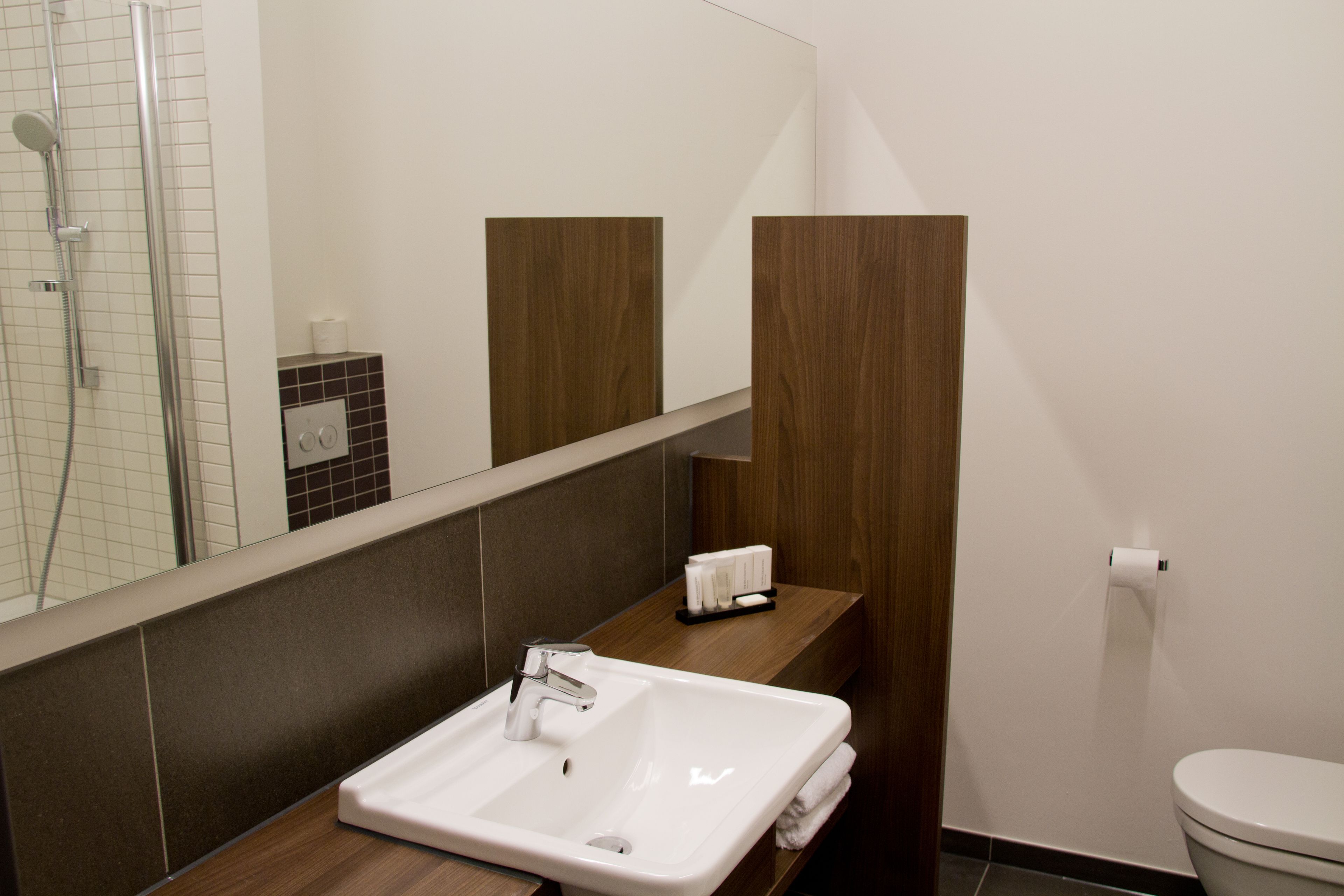 A bathroom with a white sink, a mirror, a toilet, and a shower area.