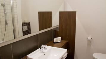 Une salle de bain avec un lavabo blanc, un miroir, des toilettes et un espace douche.