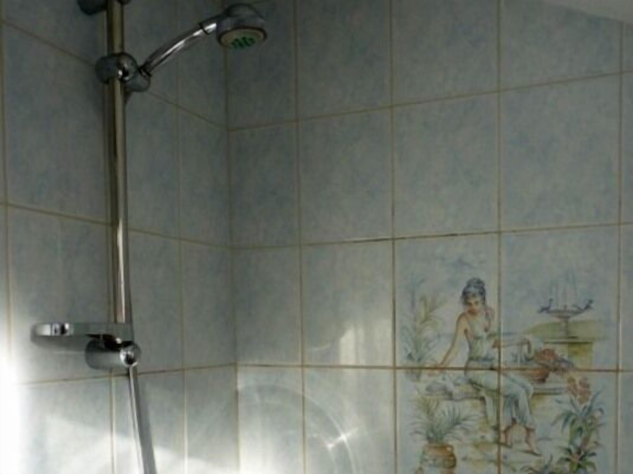 En dusch med ett duschmunstycke som kan hållas i handen och en väggmonterad blandare.