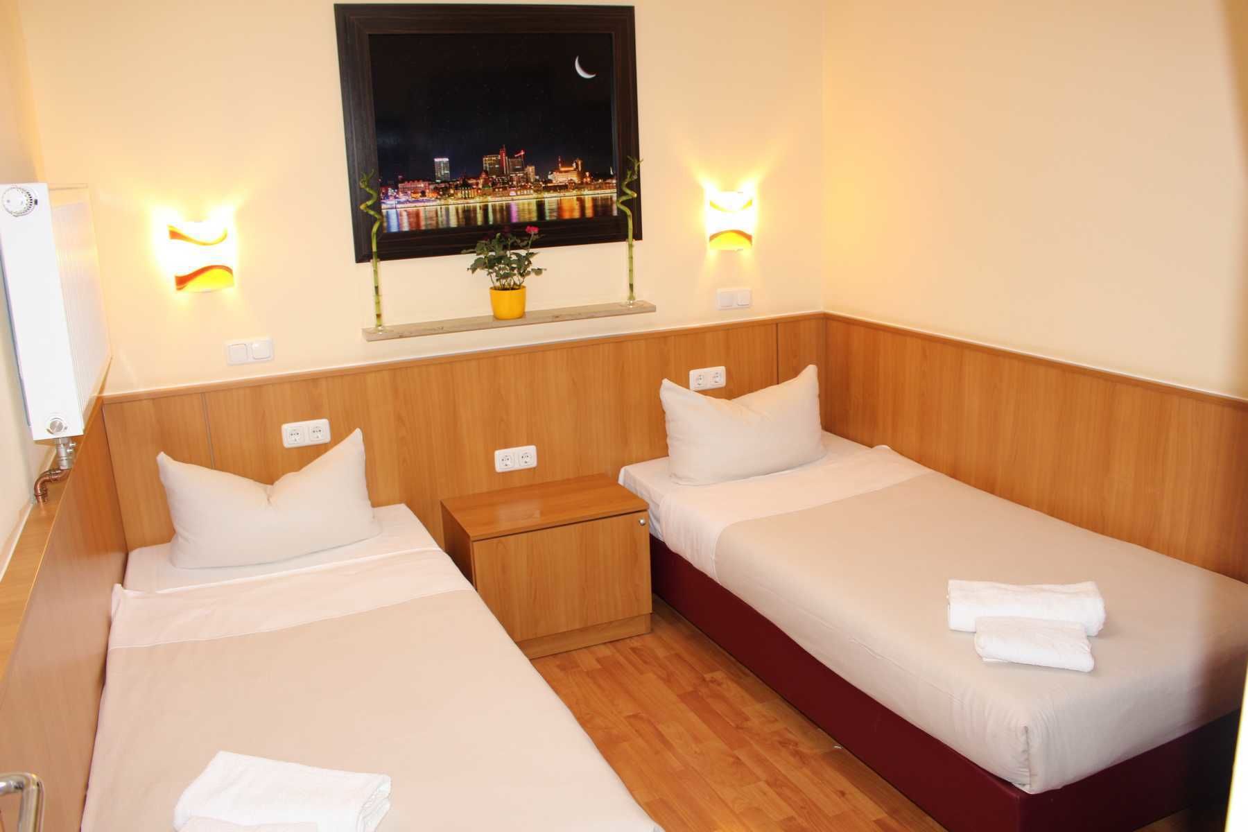 A hotel room with two single beds, a wooden headboard, a night view of a cityscape, and a small potted plant on a shelf above the beds.
