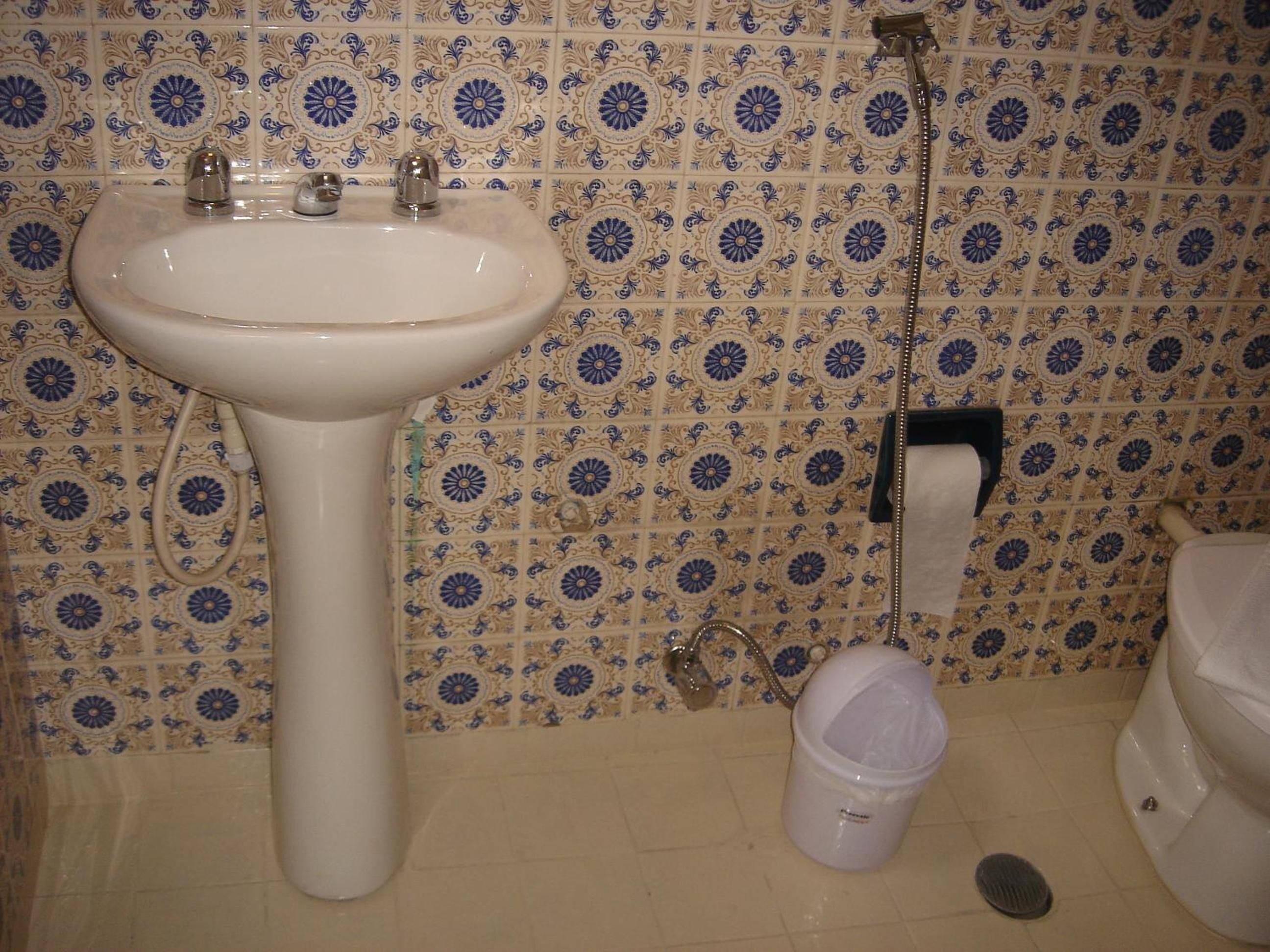 Un baño con lavamanos pedestal, inodoro y ducha.