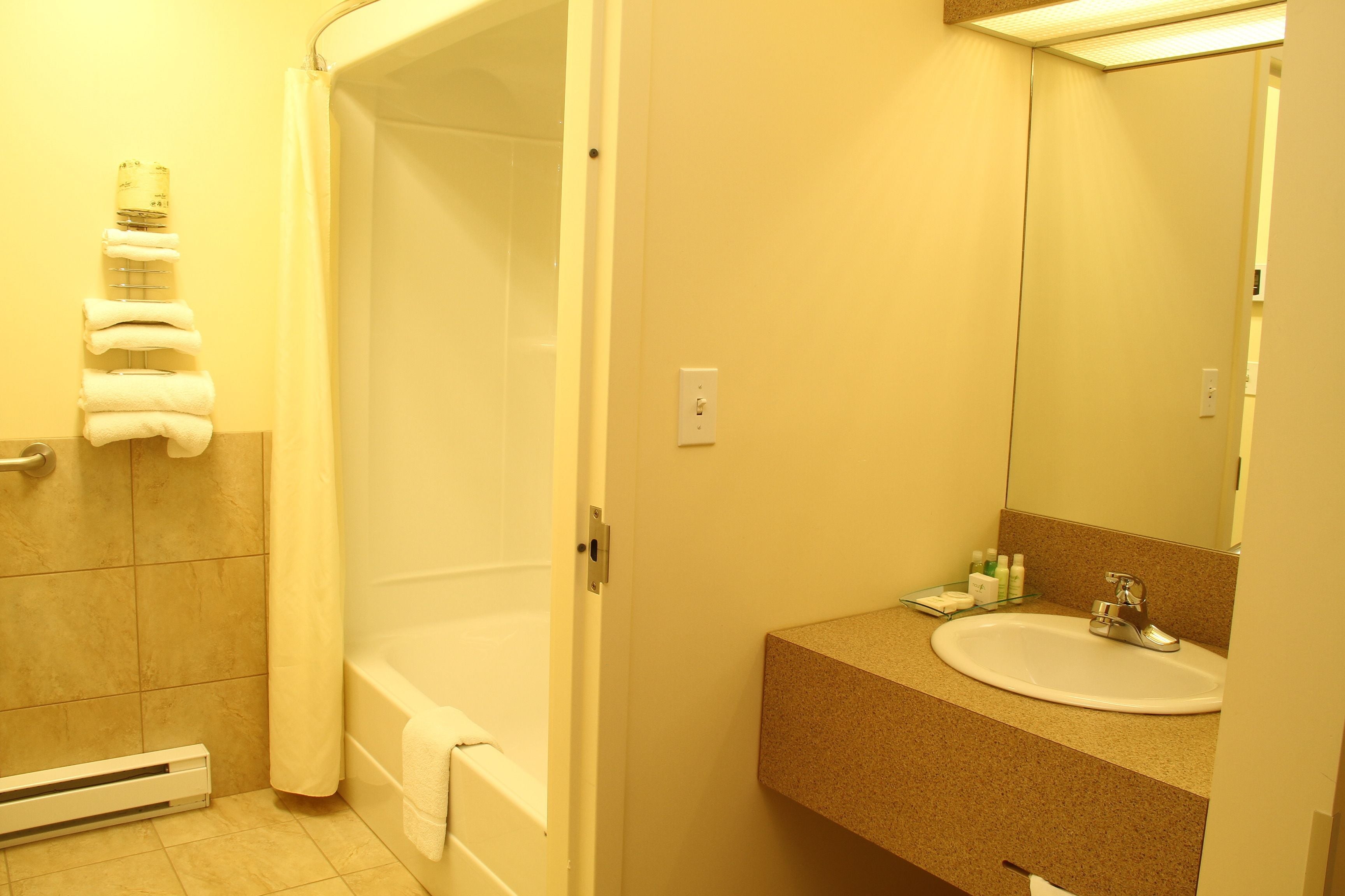 combined shower/bathtub, hair dryer, towels