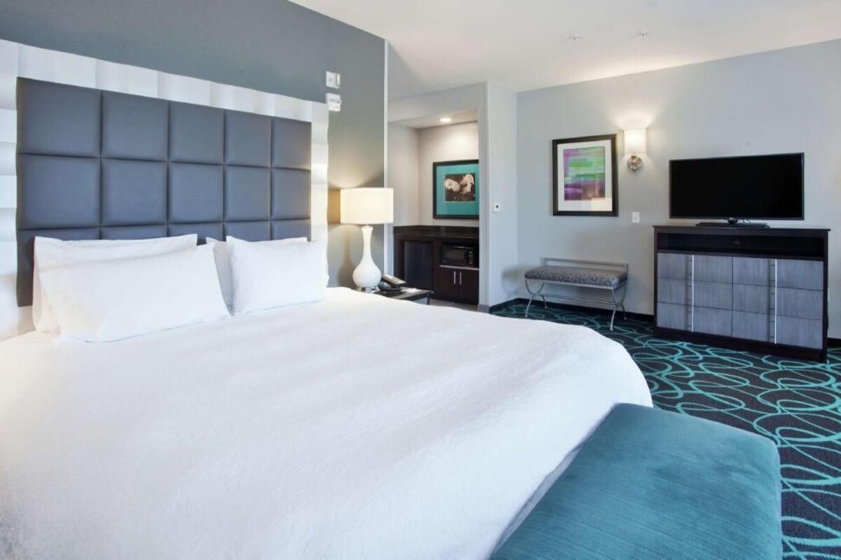 Habitación de hotel con una cama grande, un escritorio, un televisor de pantalla plana y un televisor montado en la pared.