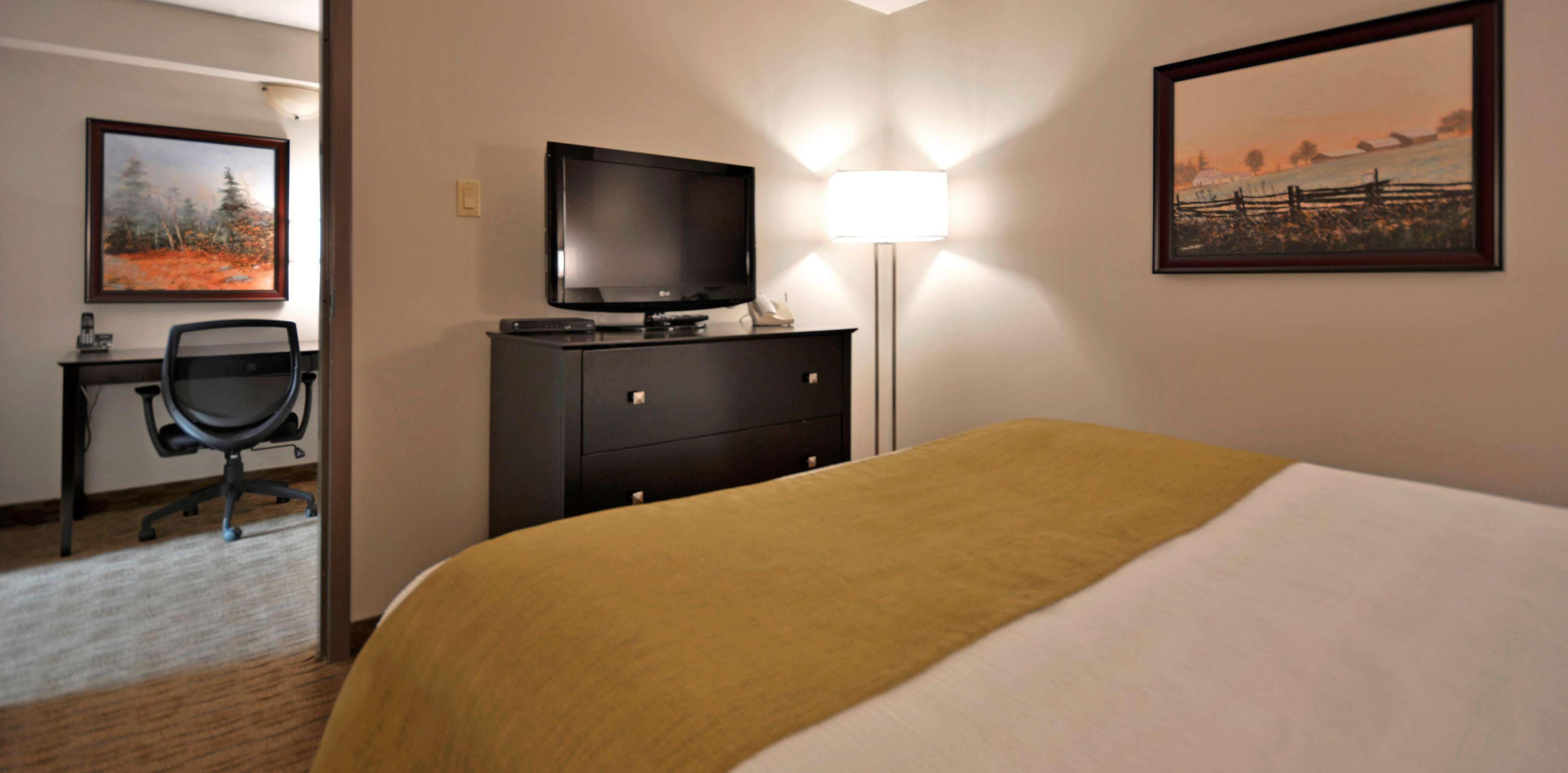 Una habitación de hotel con una cama, un escritorio con silla, un televisor y una lámpara.