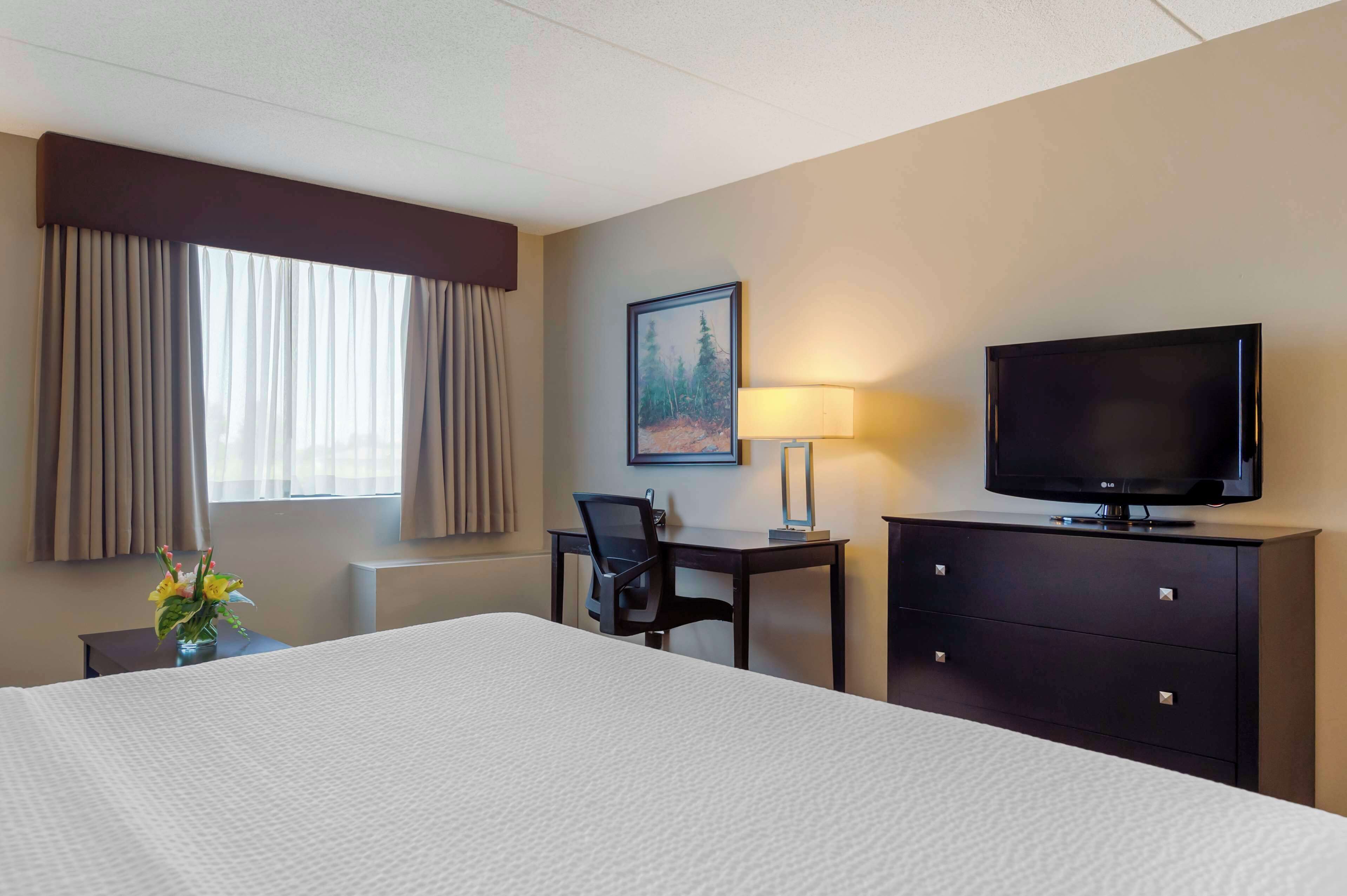 A hotel room with a large bed, a desk with a chair, a television, a lamp, and a painting on the wall.
