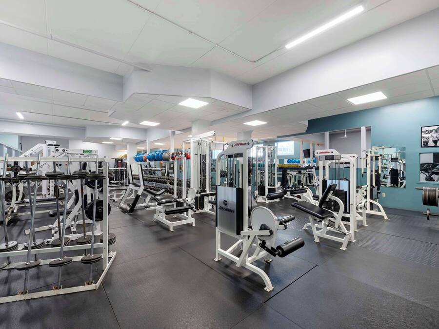 A modern gym with various weightlifting equipment, mirrors, and a blue accent wall.