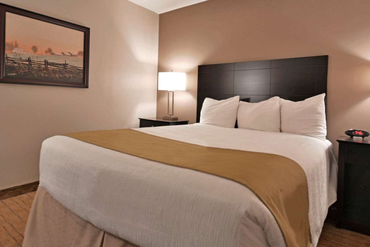 Premium bedding, desk, laptop workspace, soundproofing