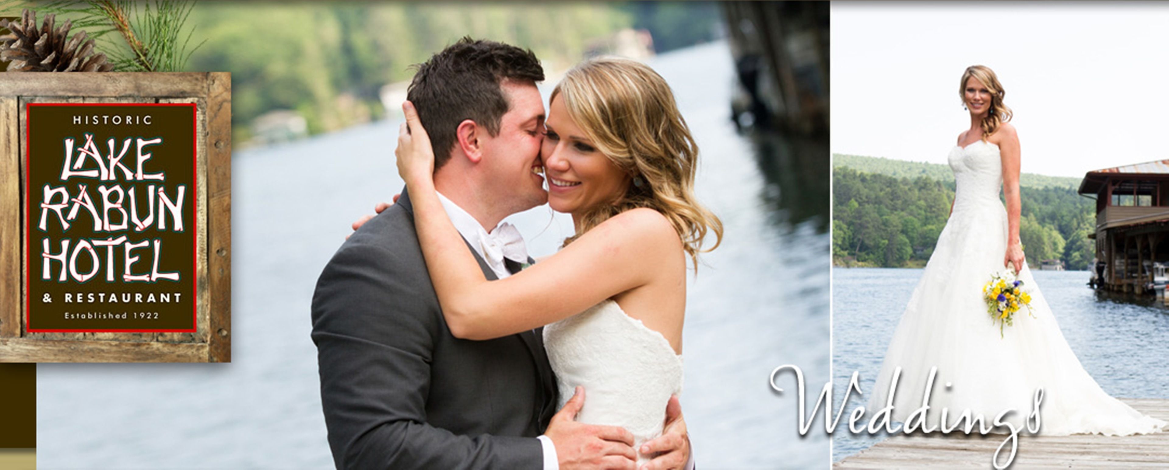 A couple embracing, a wedding dress, and a sign for Lake Rabun Hotel & Restaurant.