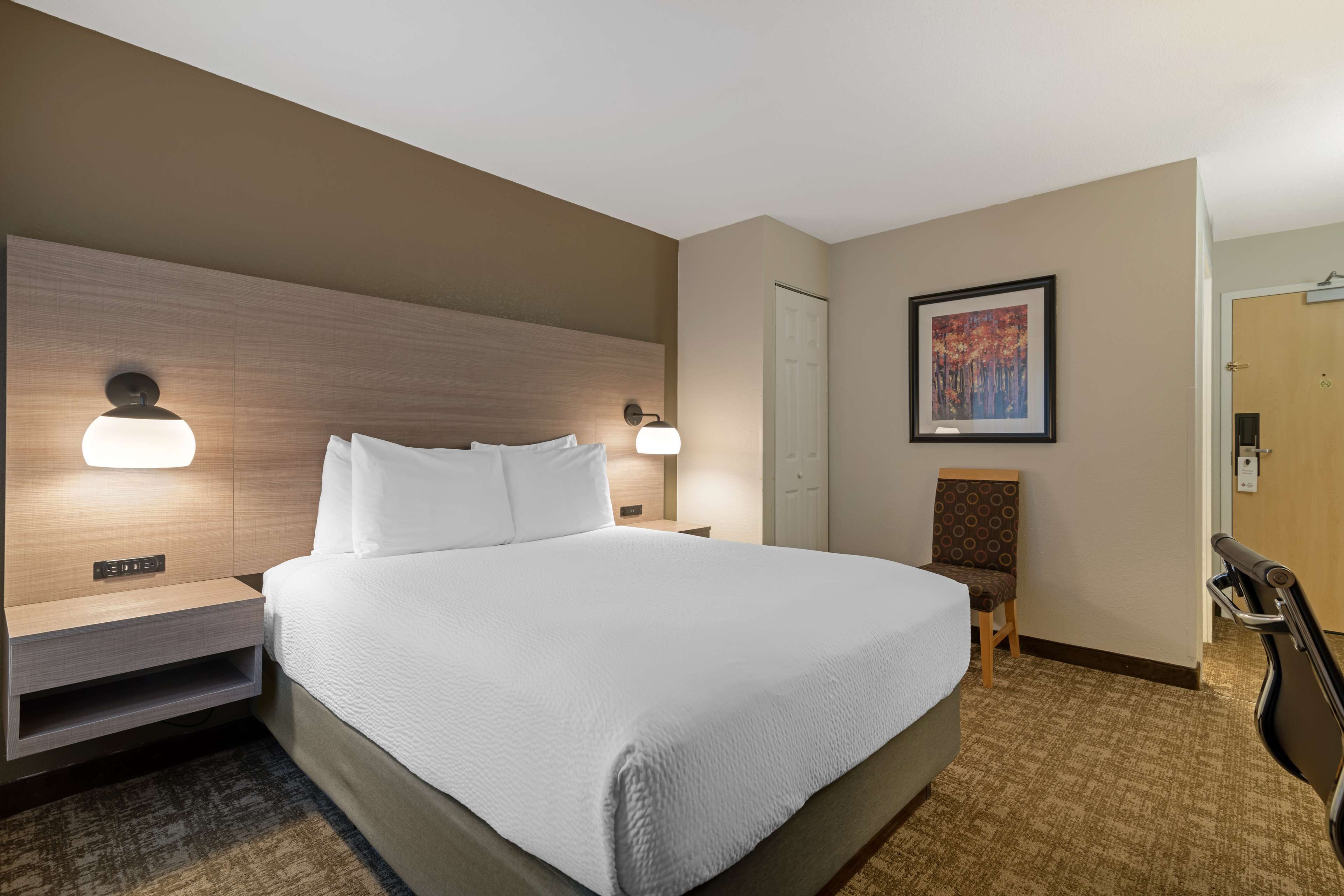 A hotel room with a large bed, two bedside tables with lamps, a chair, a door, and a framed picture on the wall.