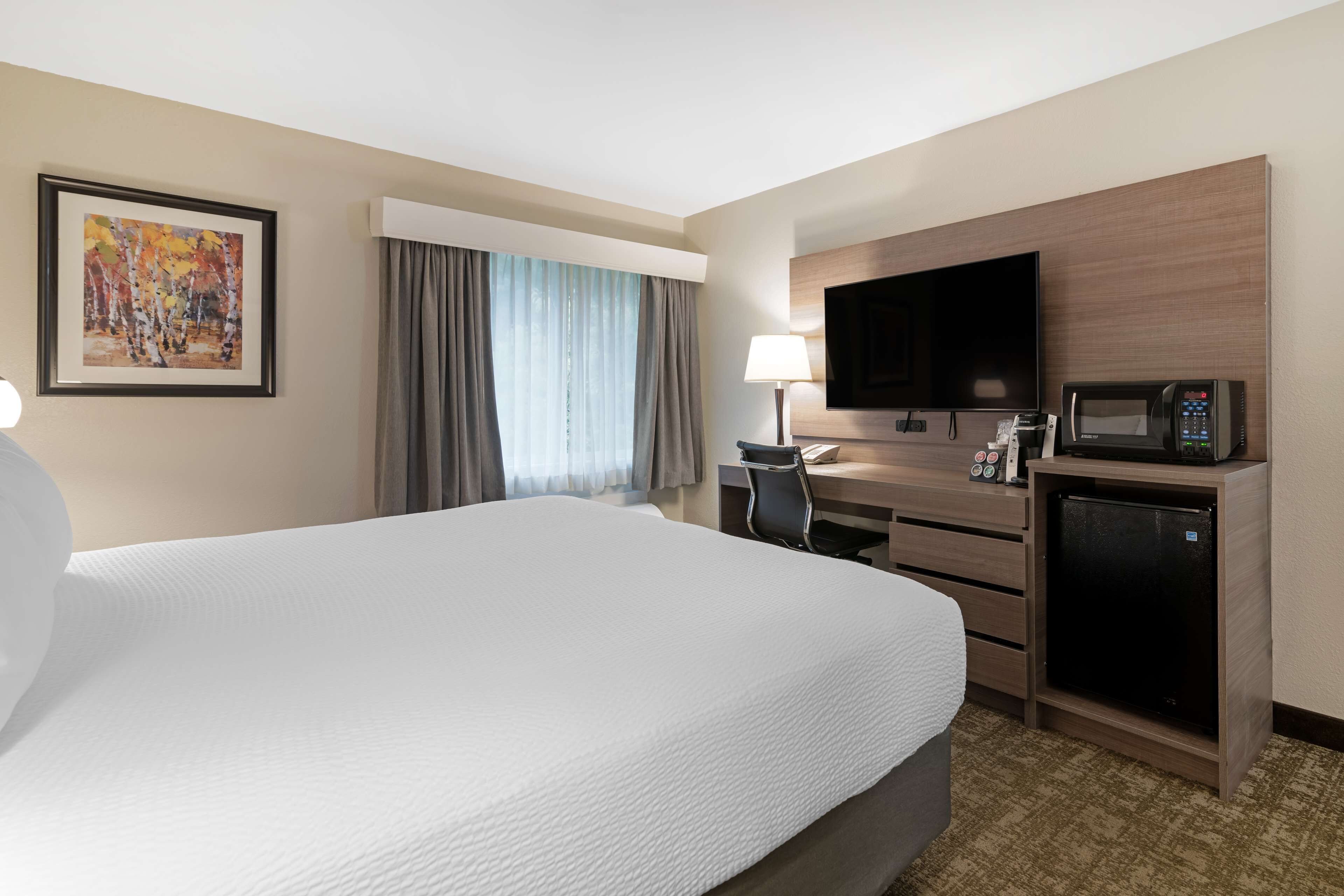 A hotel room with a large bed, a desk with a chair, a television, a microwave, and a refrigerator.