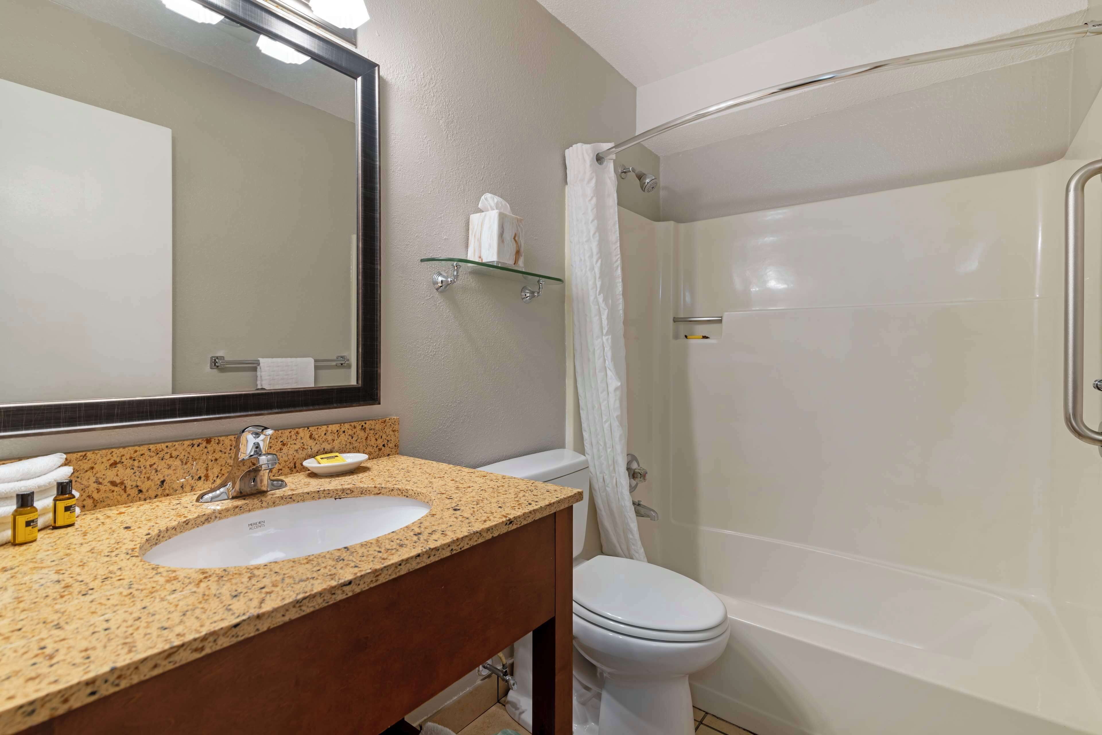 Un baño con lavamanos de granito, espejo, inodoro y cabina de ducha de vidrio.