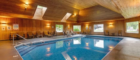 Indoor pool, outdoor pool, pool umbrellas, sun loungers