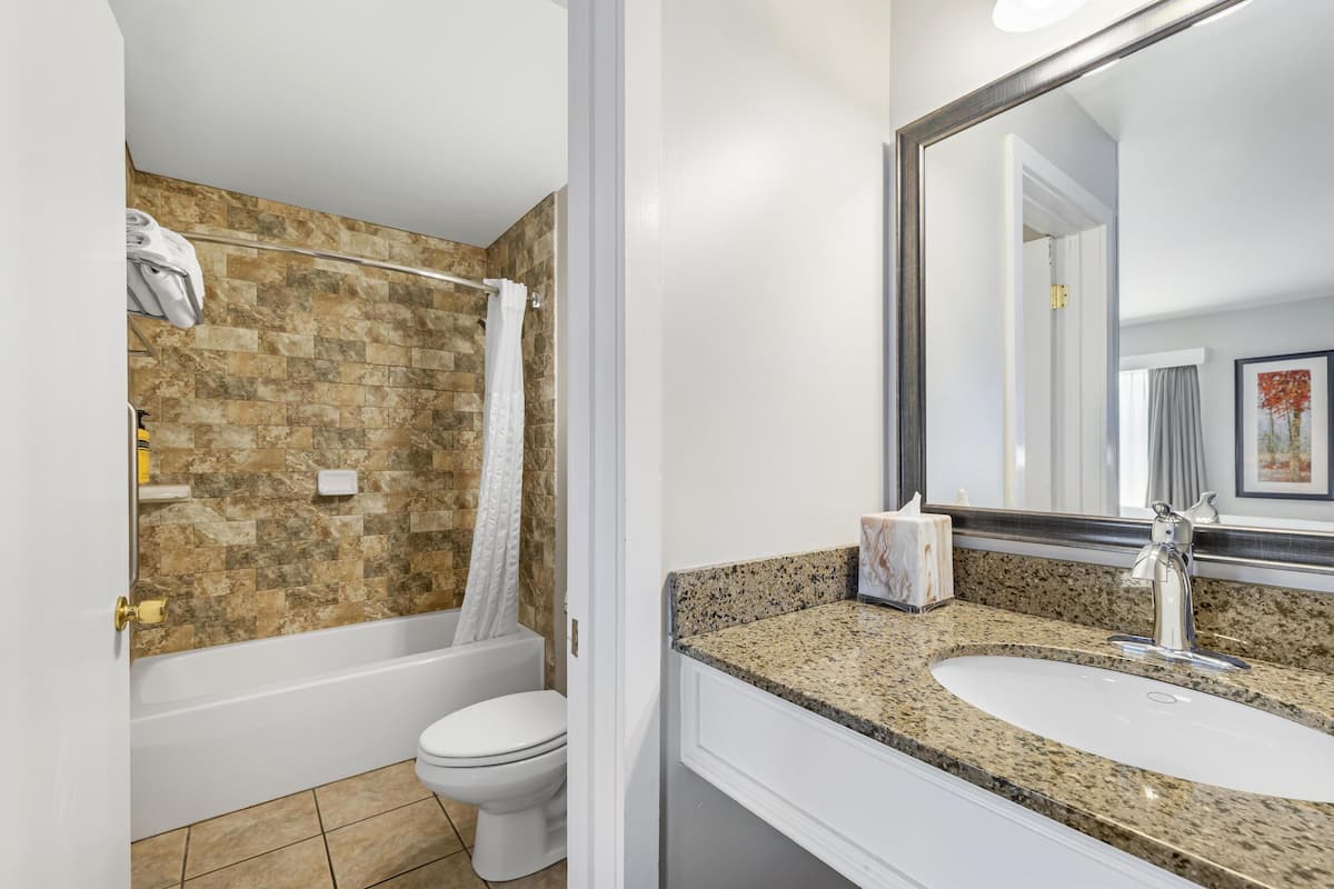 suite, 1 king bed, non smoking, refrigerator & microwave (no pets in room type) | bathroom | combined shower/bathtub, free toiletries, hair dryer, towels