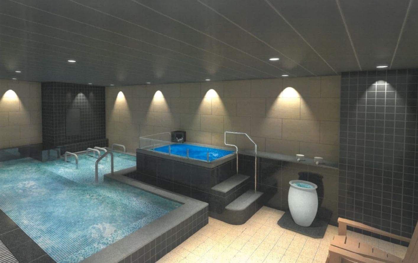 A spa area with a hot tub, a smaller pool, and a large vase.