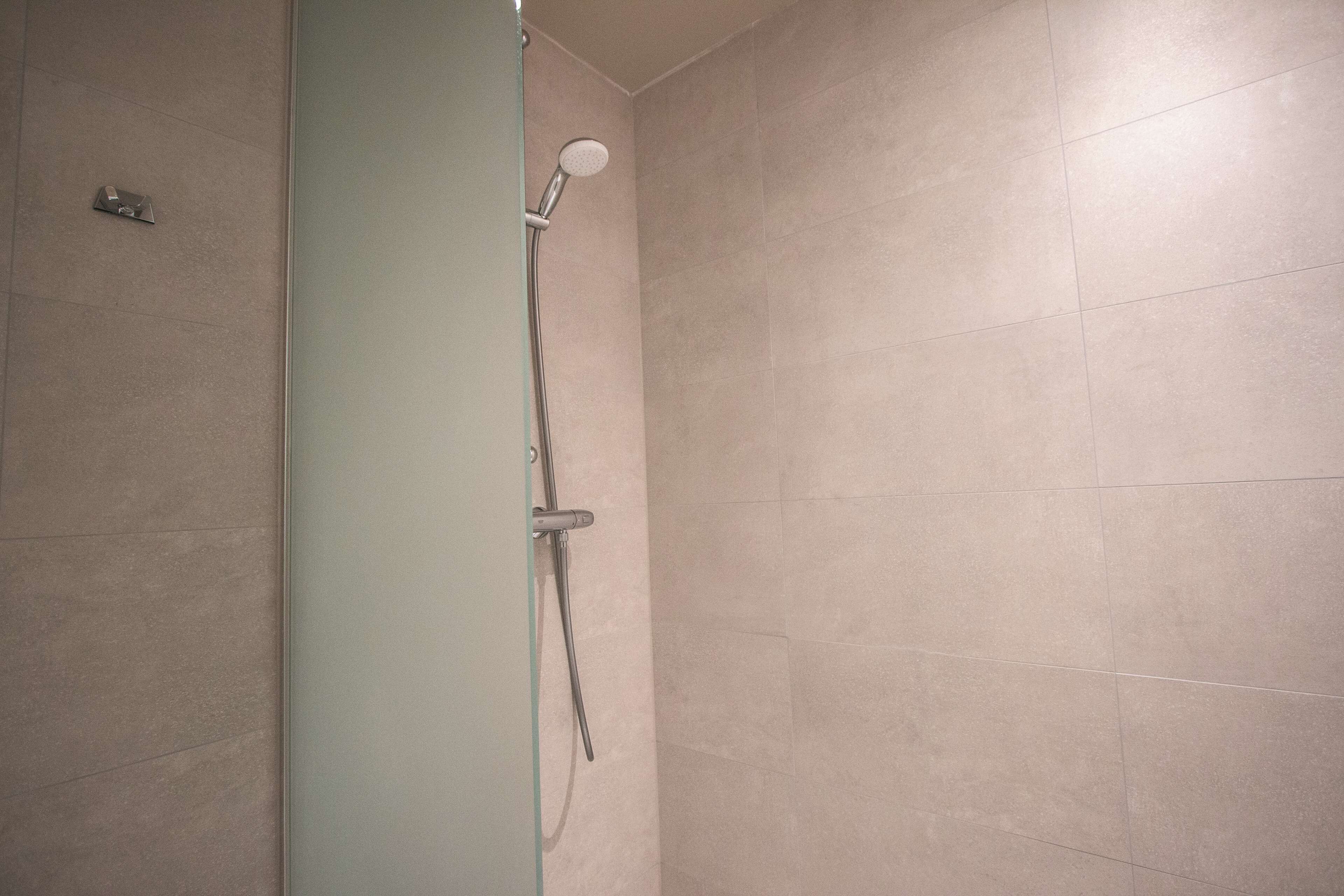 A shower with a handheld showerhead and a wall-mounted control.