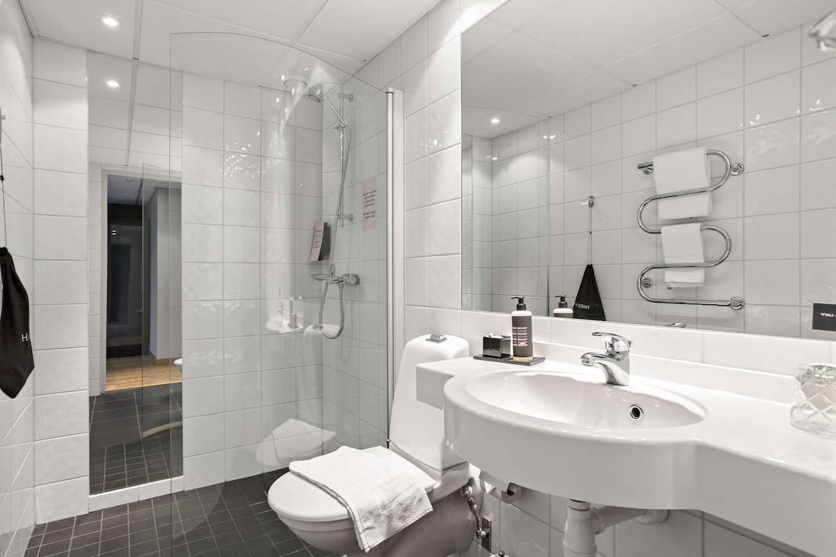 standard room, 1 single bed, non smoking | bathroom | shower, hair dryer, towels