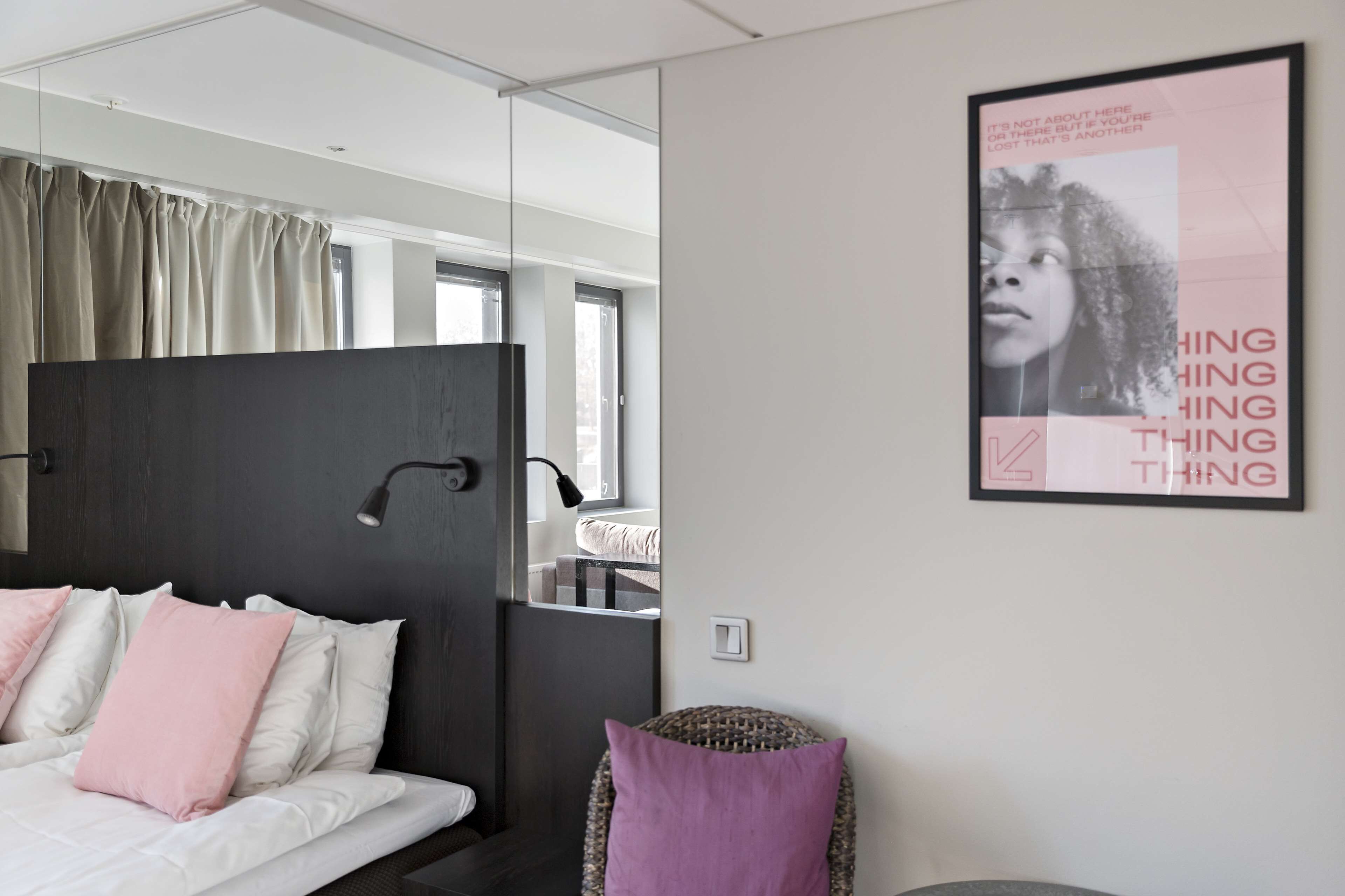 pillow-top beds, desk, blackout curtains, soundproofing