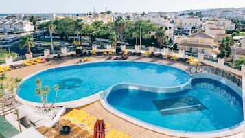Indoor pool, outdoor pool, open 9:00 AM to 8:00 PM, pool umbrellas