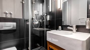 Shower, free toiletries, hair dryer, towels