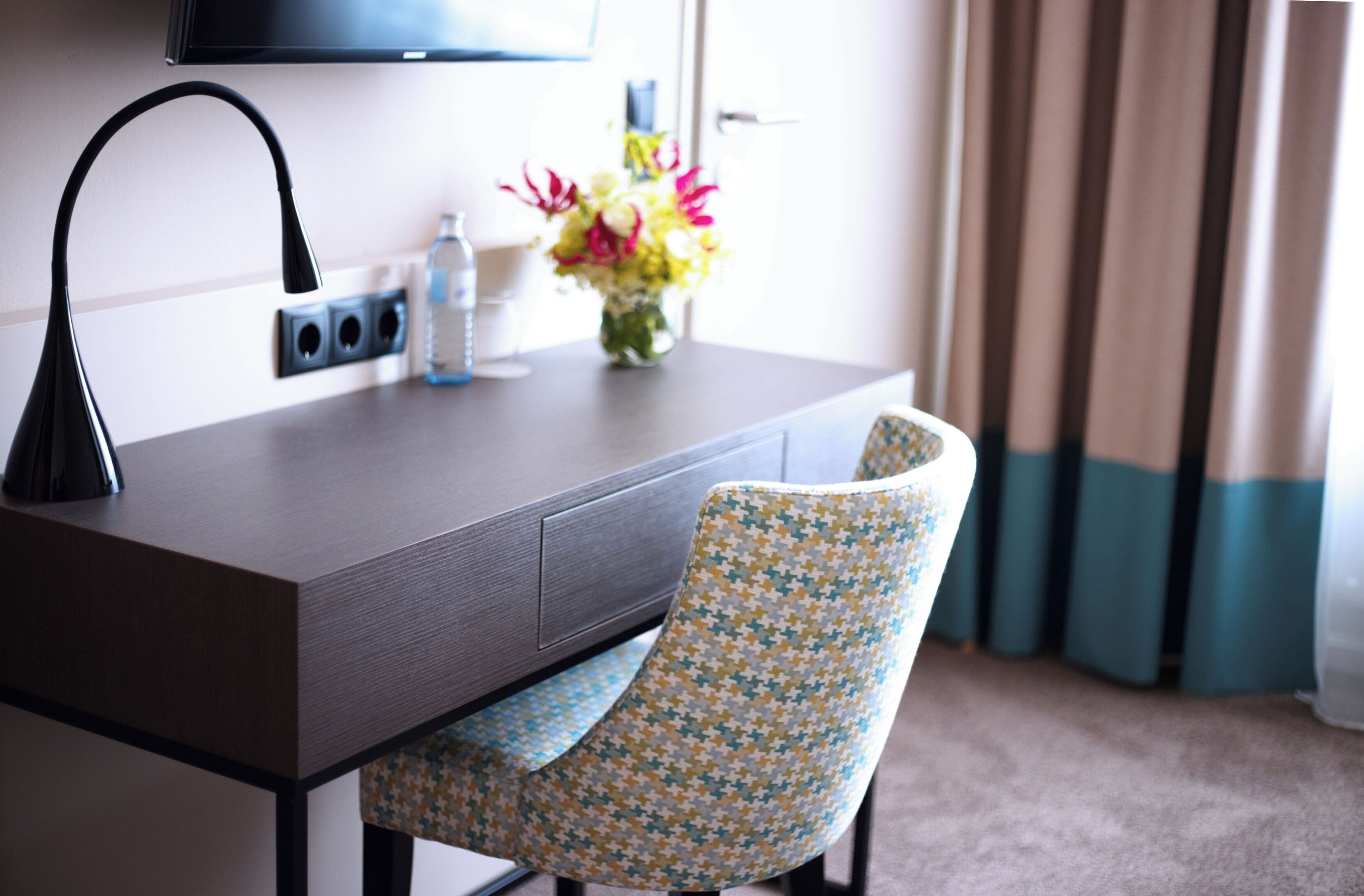 comfort double room | in-room safe, desk, laptop workspace, blackout curtains