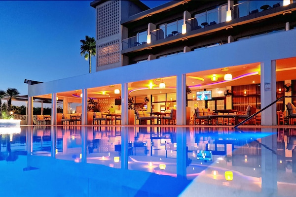 Outdoor pool, pool umbrellas, pool loungers