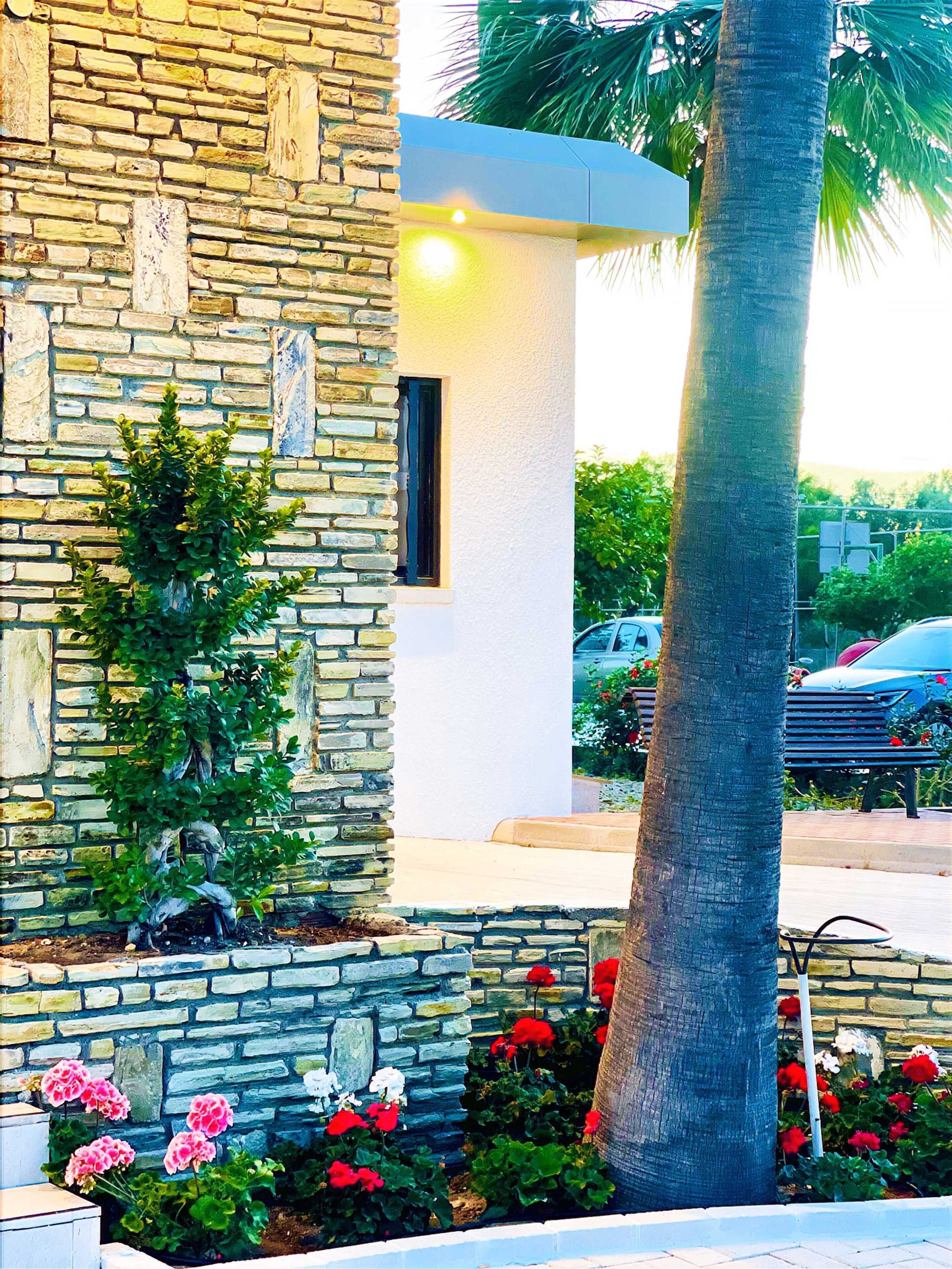 A stone building with a window, a palm tree, and a flower bed with pink and red flowers.