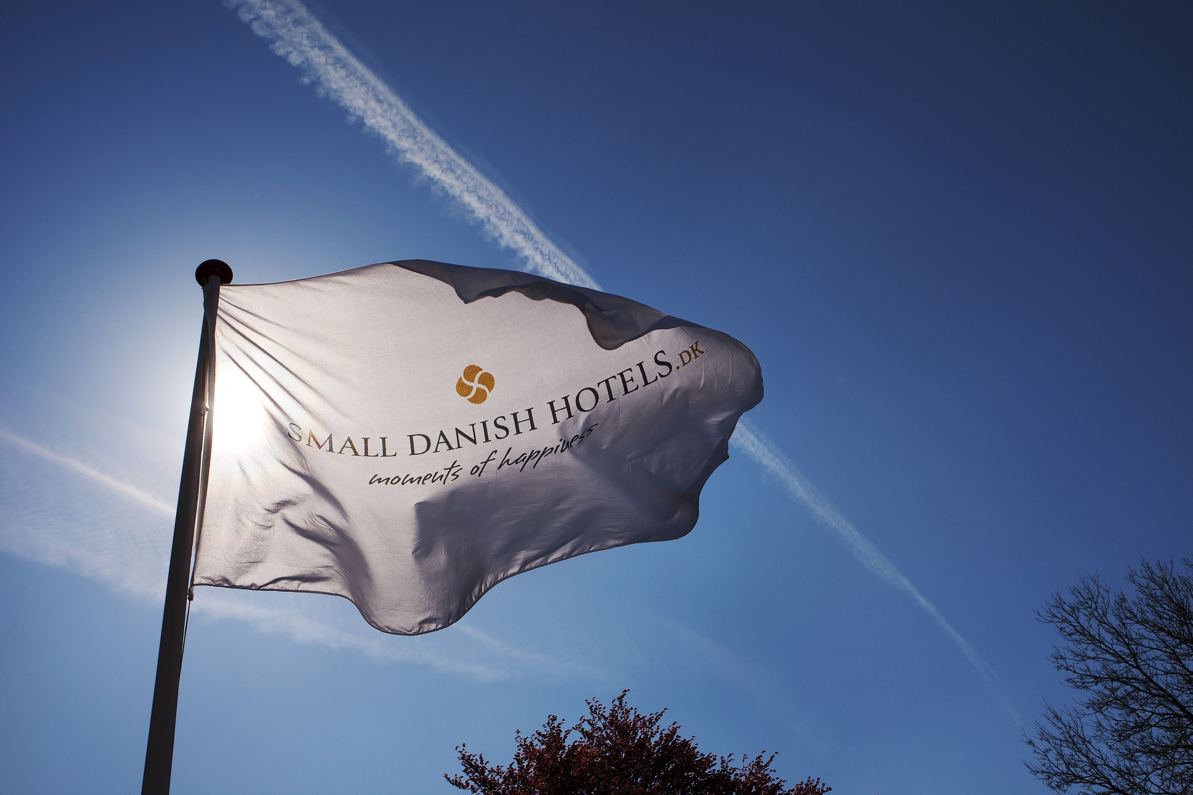 A flag with the text "SMALL DANISH HOTELS.dk" and a logo.