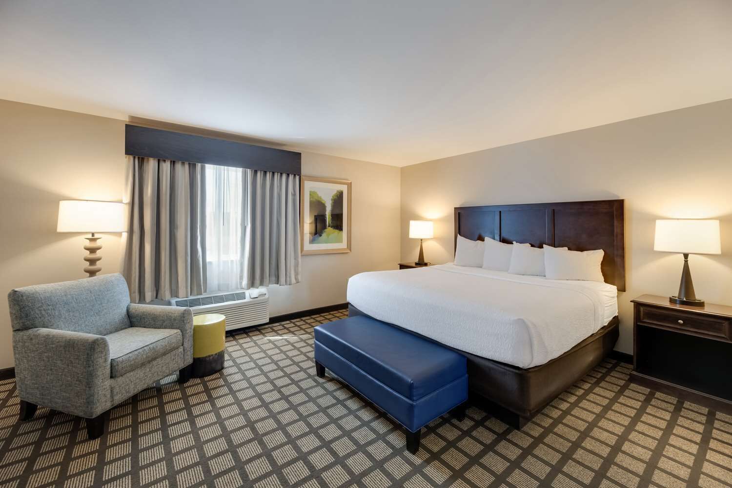 A hotel room with a large bed, a chair, a bedside table, a lamp, a window with curtains, and a radiator.