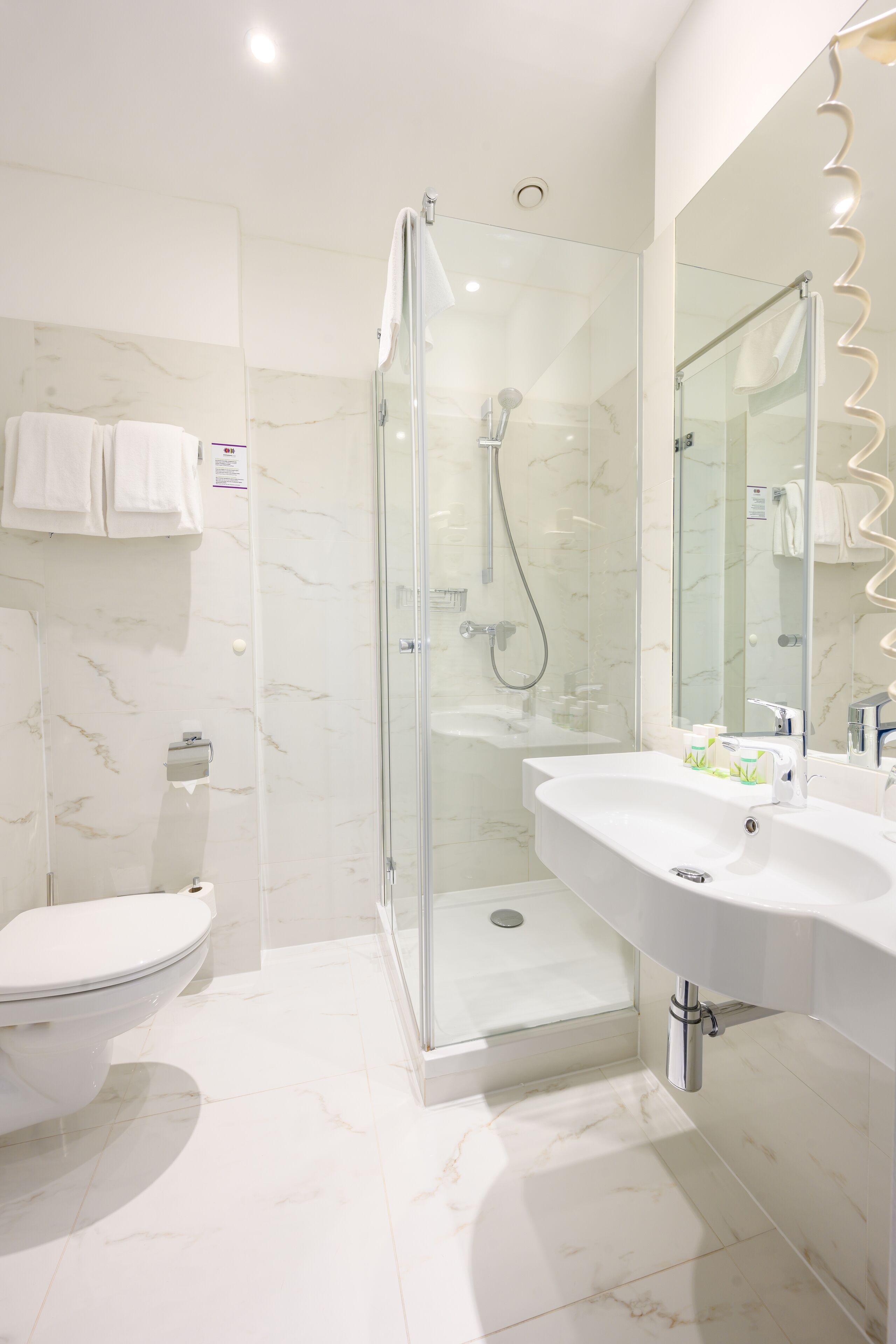 shower, free toiletries, hair dryer, towels