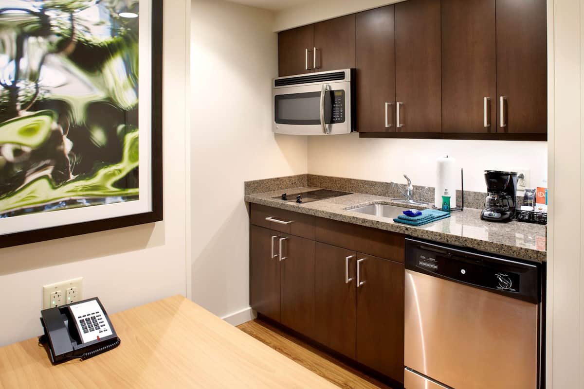 full-sized fridge, microwave, stovetop, dishwasher