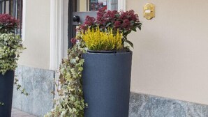 The entrance of Hotel Corona Grossa with a signboard, two wall-mounted lamps, and potted plants. - Hotel Corona Grossa (Balangero)