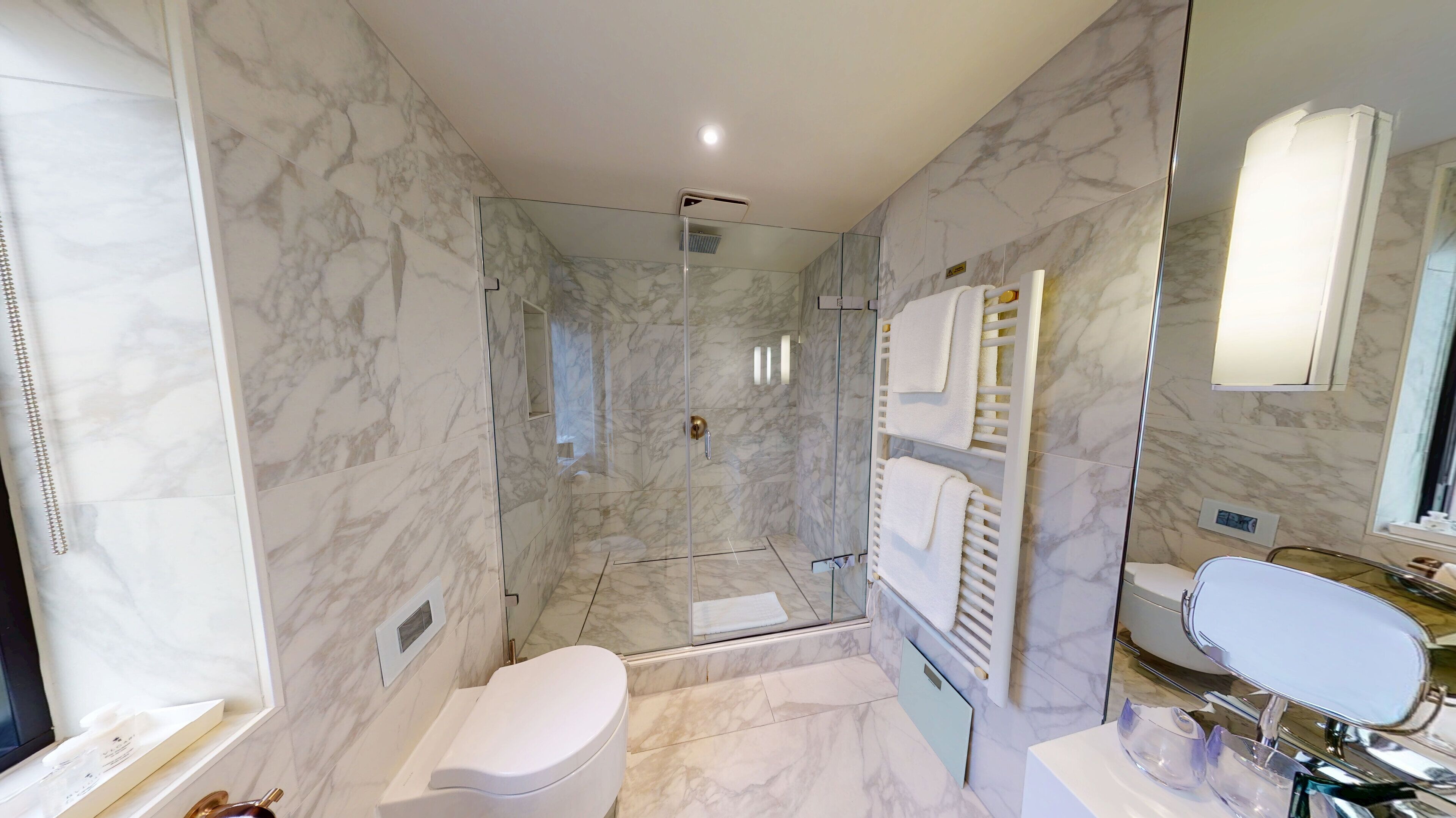 A modern bathroom with a glass-enclosed shower, a white toilet, a sink with a mirror, and a towel rack.