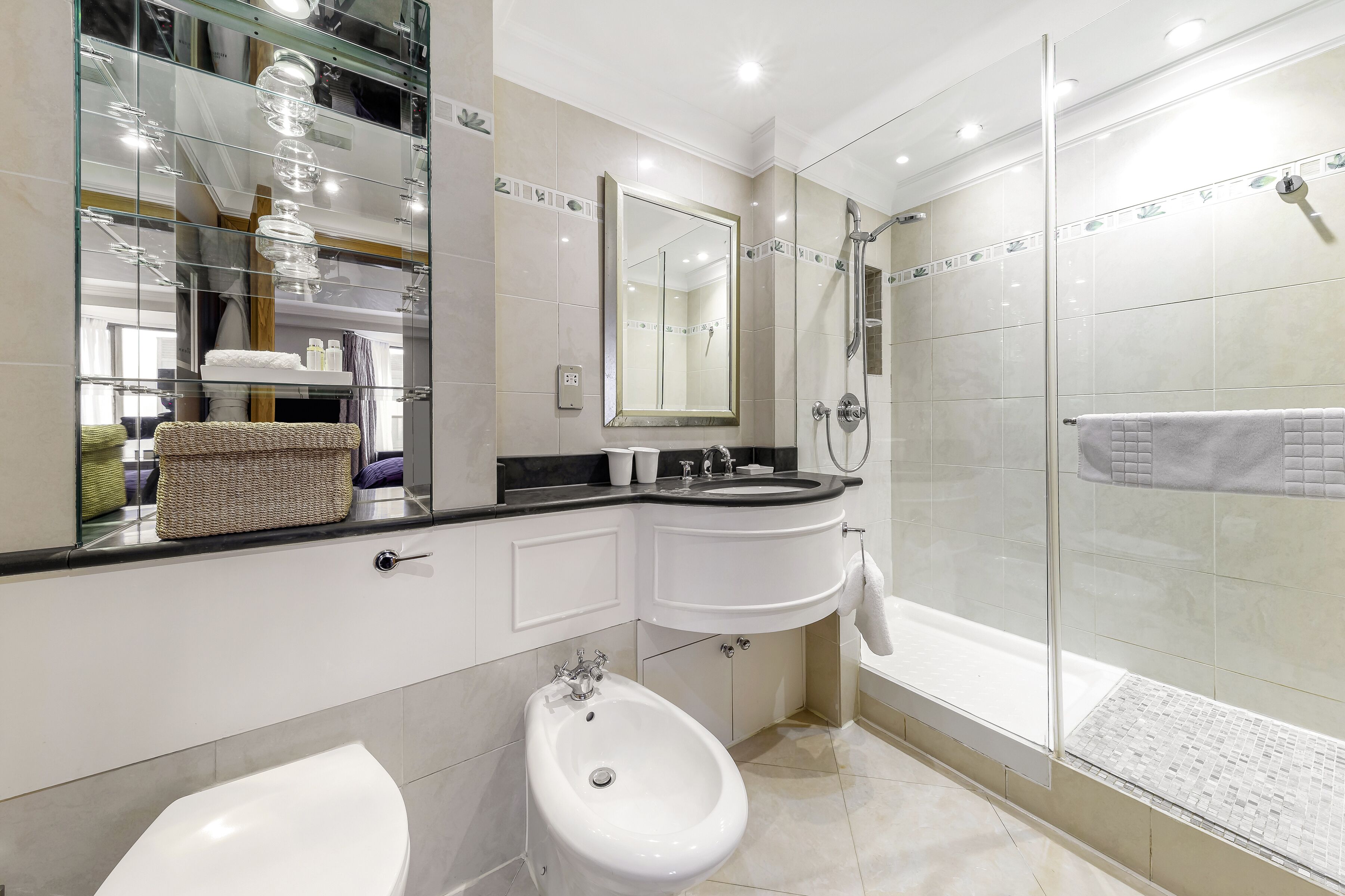 Une salle de bain moderne équipée d’un bidet, d’une douche à parois de verre et d’un grand miroir.