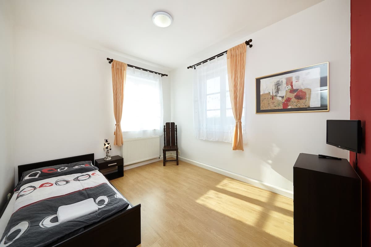 A bedroom with a bed, a chair, a desk, a TV, and a painting on the wall.