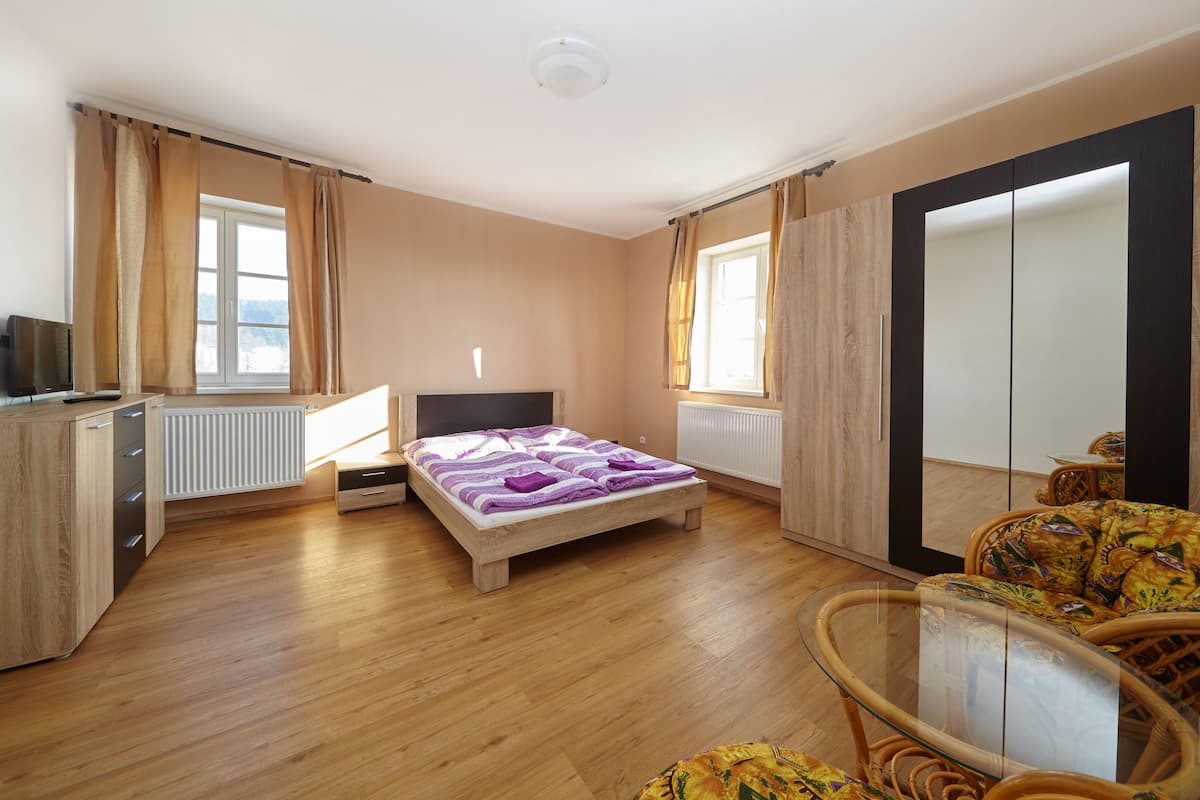 A bedroom with a bed, wooden floor, a dresser, a chair, and a large mirror.