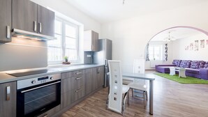 A modern kitchen with built-in appliances, a dining area with a white chair, and a living room with a purple sofa and a green rug. - Hostel Foster (Marianske Lazne)