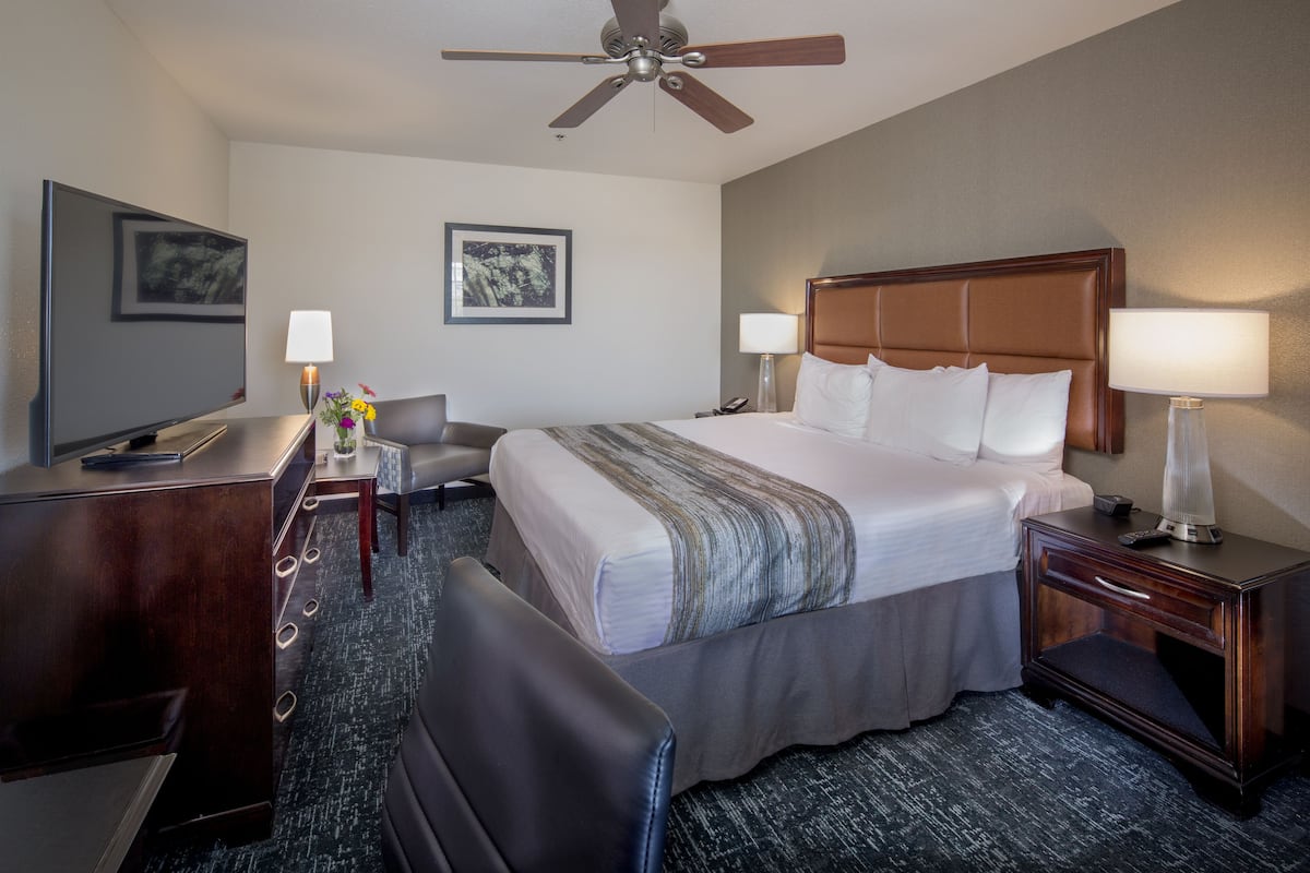 A hotel room with a large bed, a desk, a chair, a TV, and a ceiling fan.