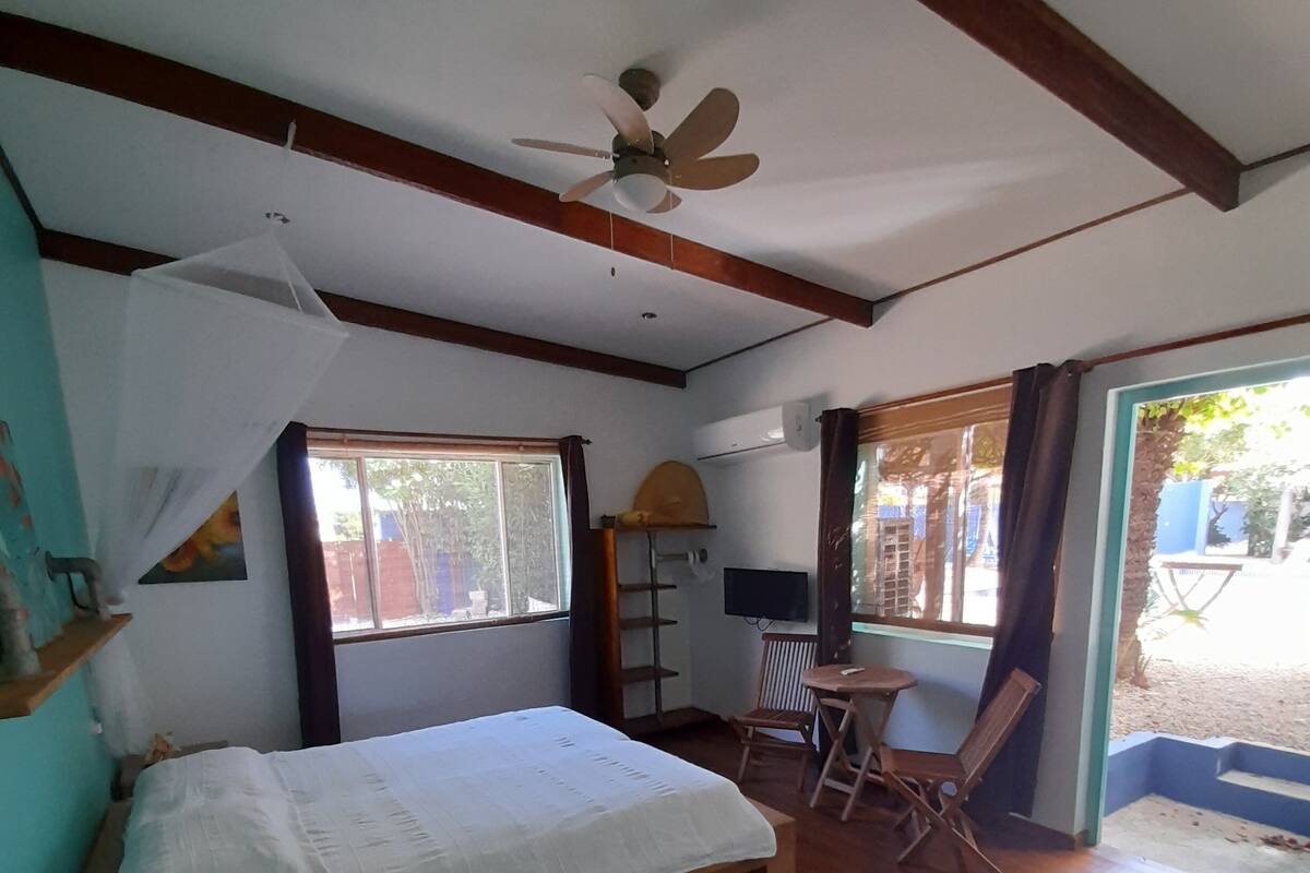 A room with a bed, a desk, a chair, a ceiling fan, and windows.