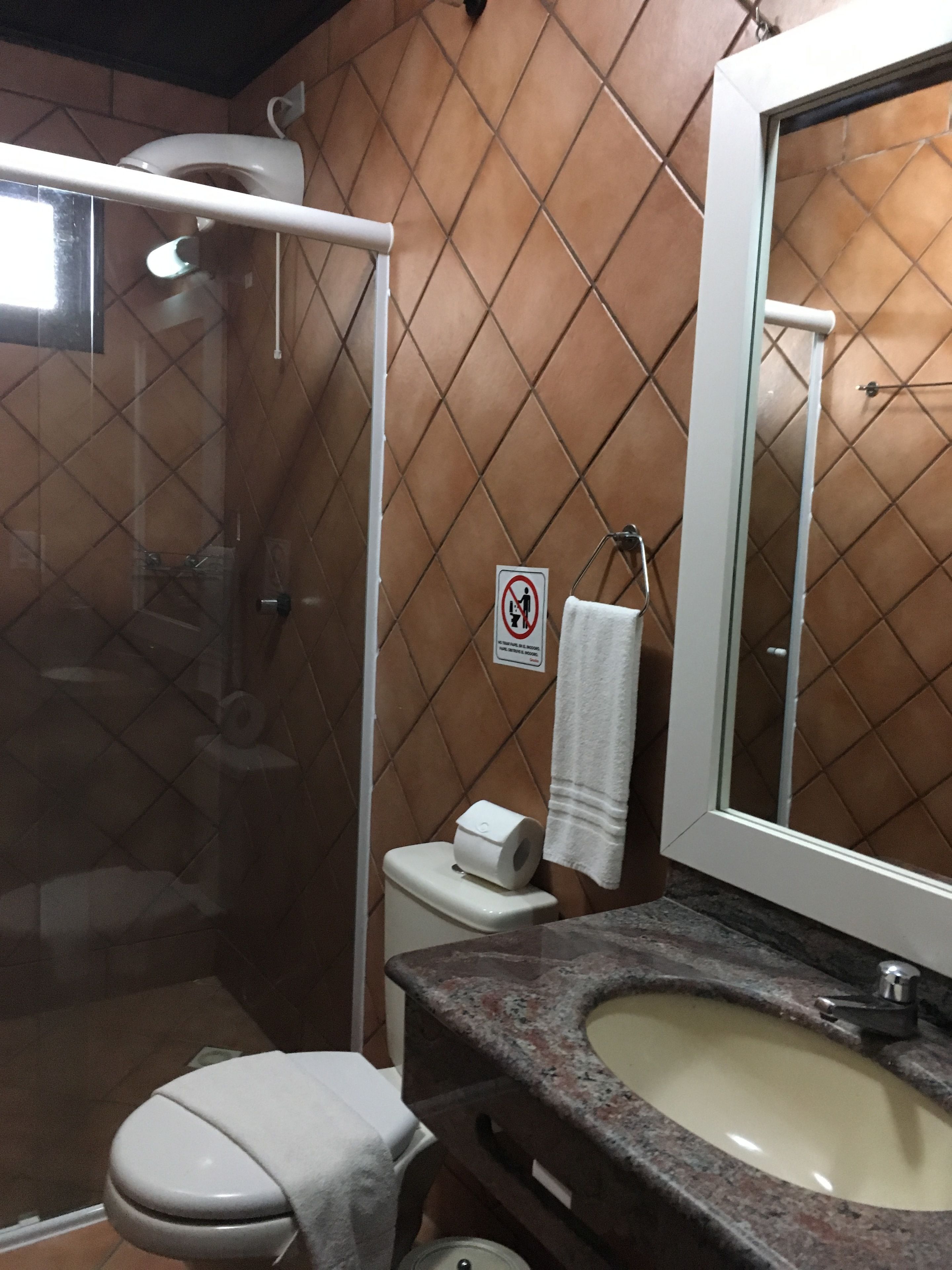 A bathroom with a shower, toilet, and sink.