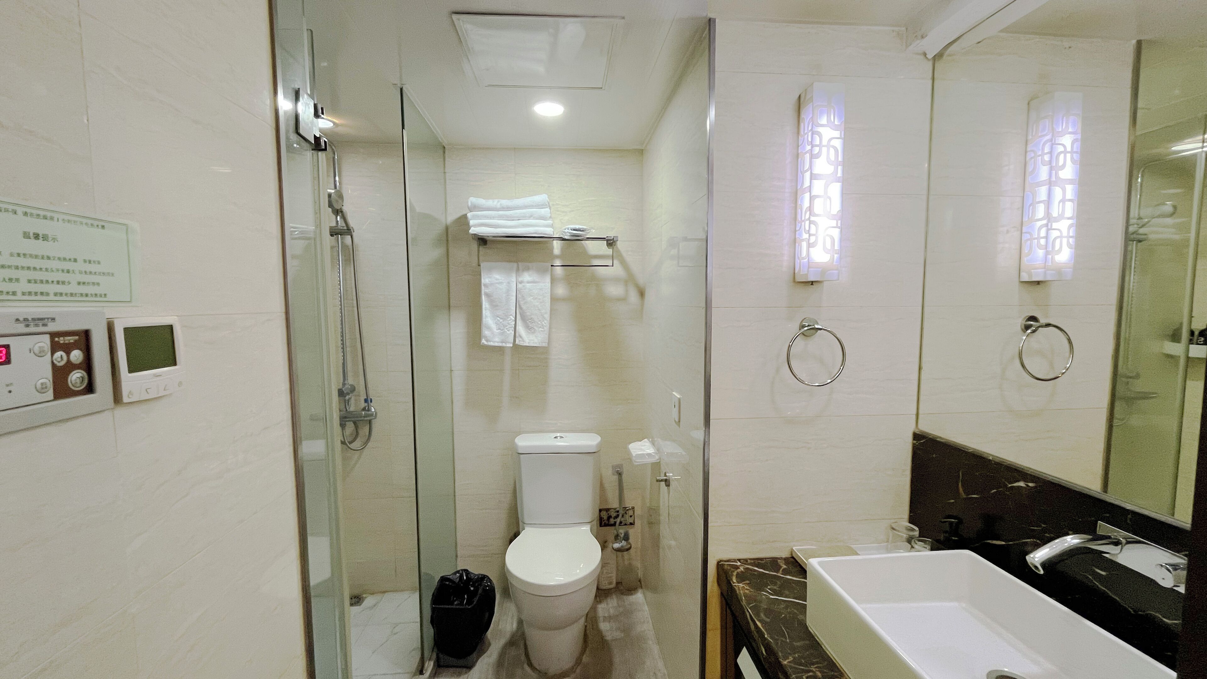 A bathroom with a glass-enclosed shower, a toilet, a sink, and a mirror.