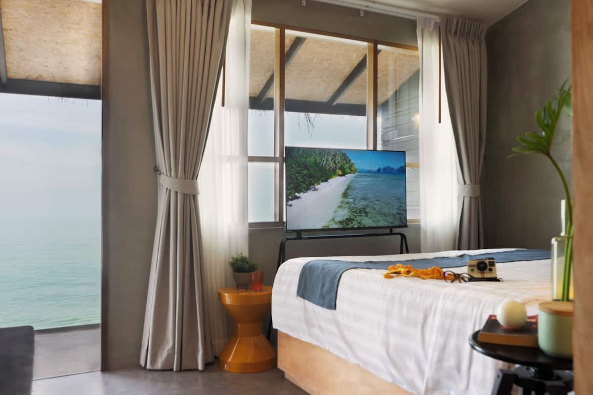 A bedroom with a large window, a bed, a bedside table with a plant, and a camera on the bed.