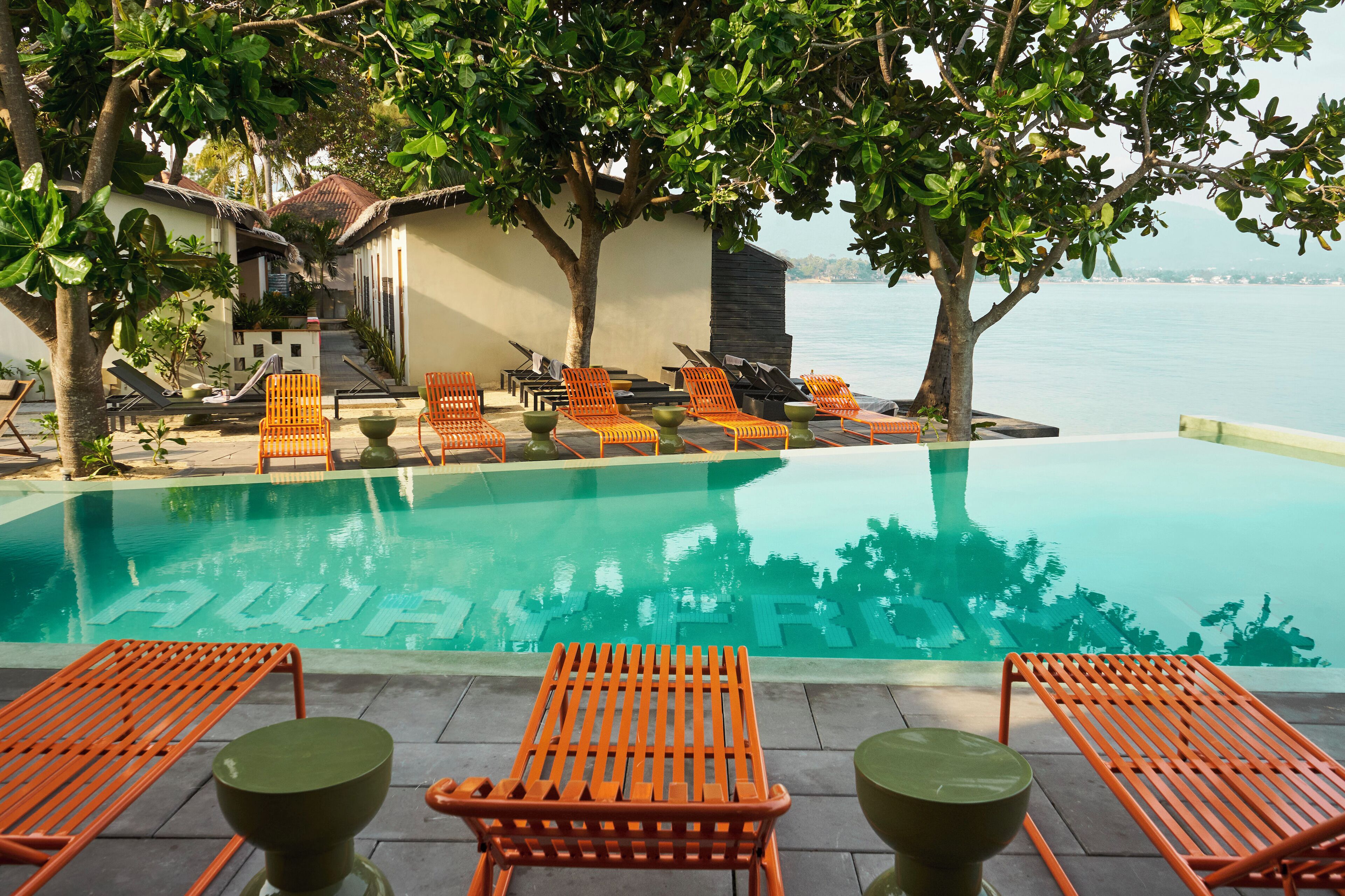 outdoor pool, pool umbrellas, pool loungers