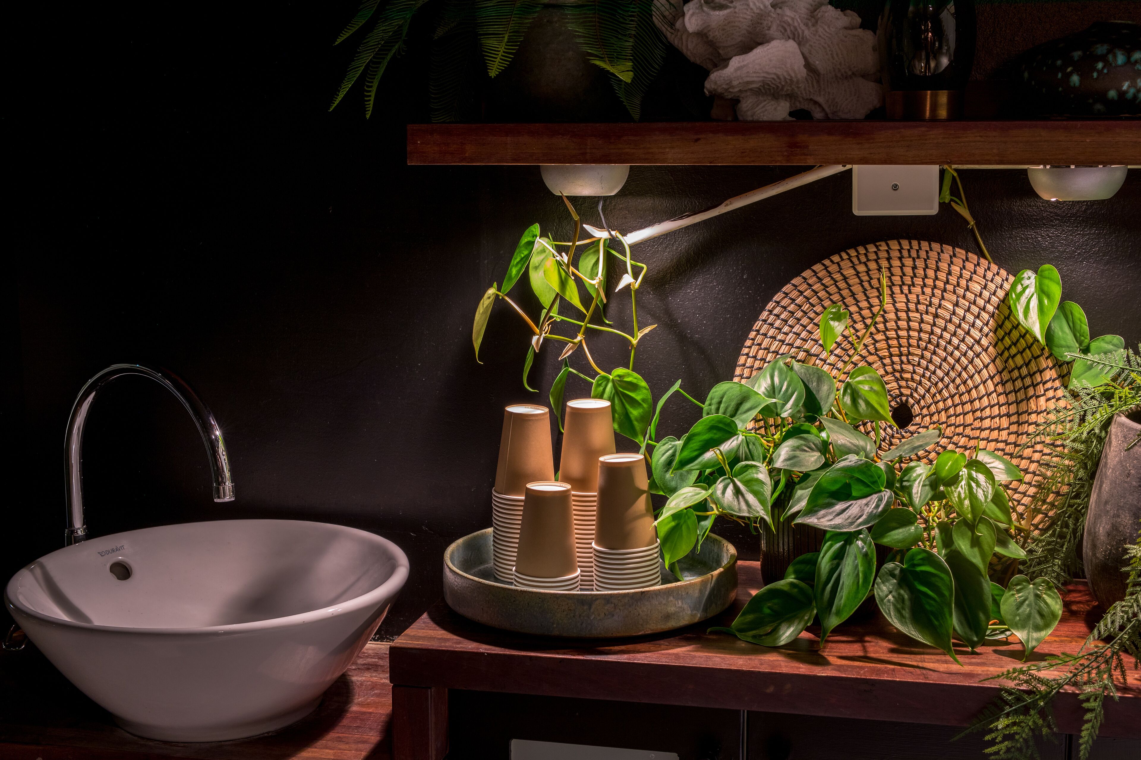 Een badkamer met een wit wastafelmeubel, een spiegel en een plankje met planten en papieren bekertjes.