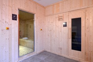 Une pièce en bois avec une porte en verre donnant accès à un espace douche. Un panneau indique la présence d’un hammam.