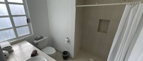 Un baño con lavamanos, inodoro y ducha.